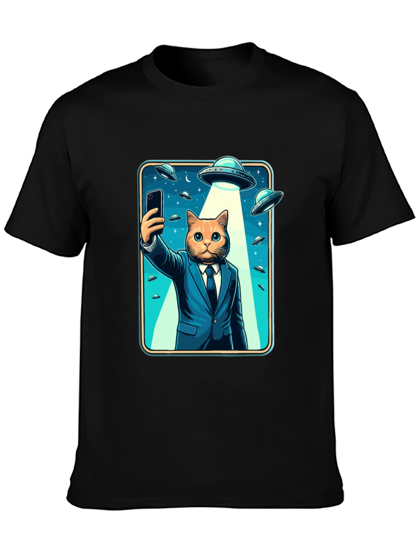 Black Cat in Suit UFO Selfie Graphic T-Shirt view 3