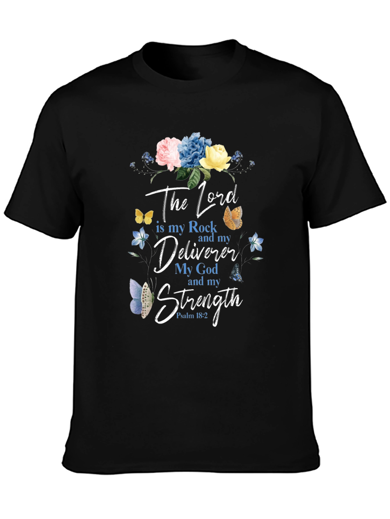 Black Faith-Inspired Floral T-Shirt: The Lord is My Strength view 3