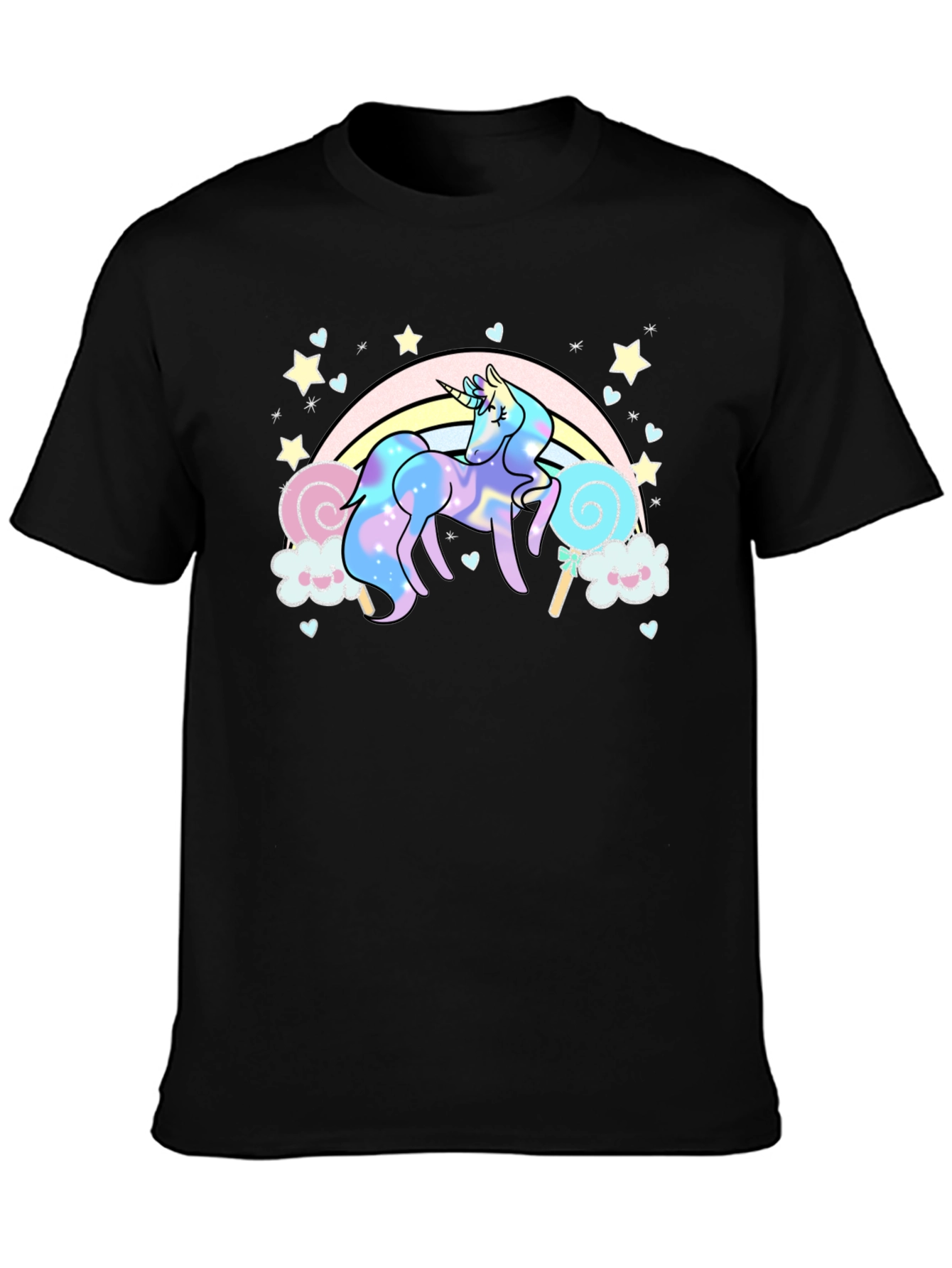 Black Unicorn Rainbow T-Shirt, Black Cotton Tee view 3