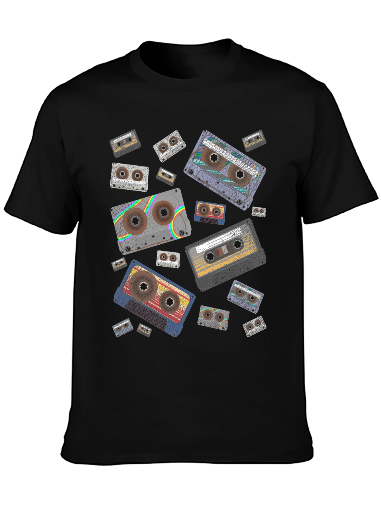 Black Retro Cassette Tape Pattern Black T-Shirt view 3