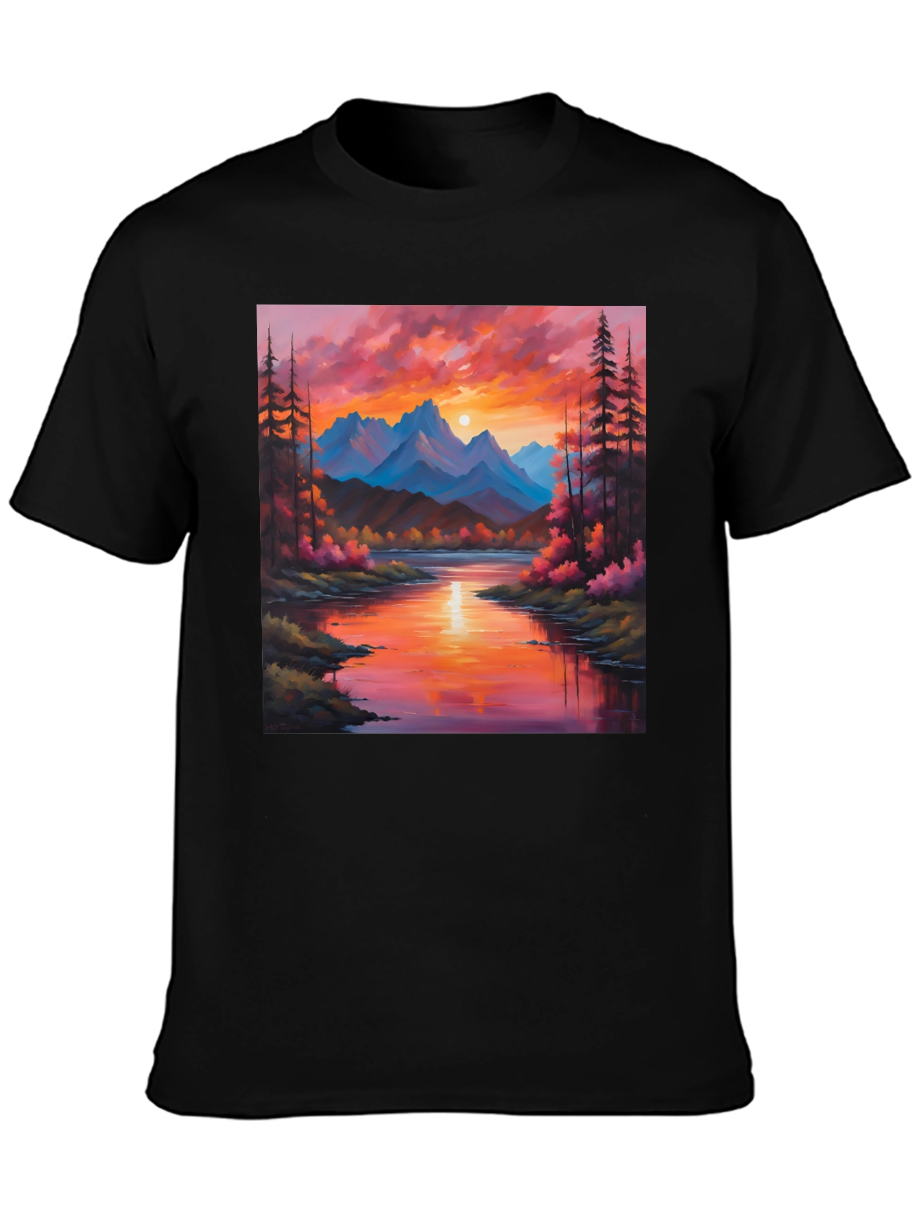Black Sunset Mountain River Painting Graphic Tee view 3