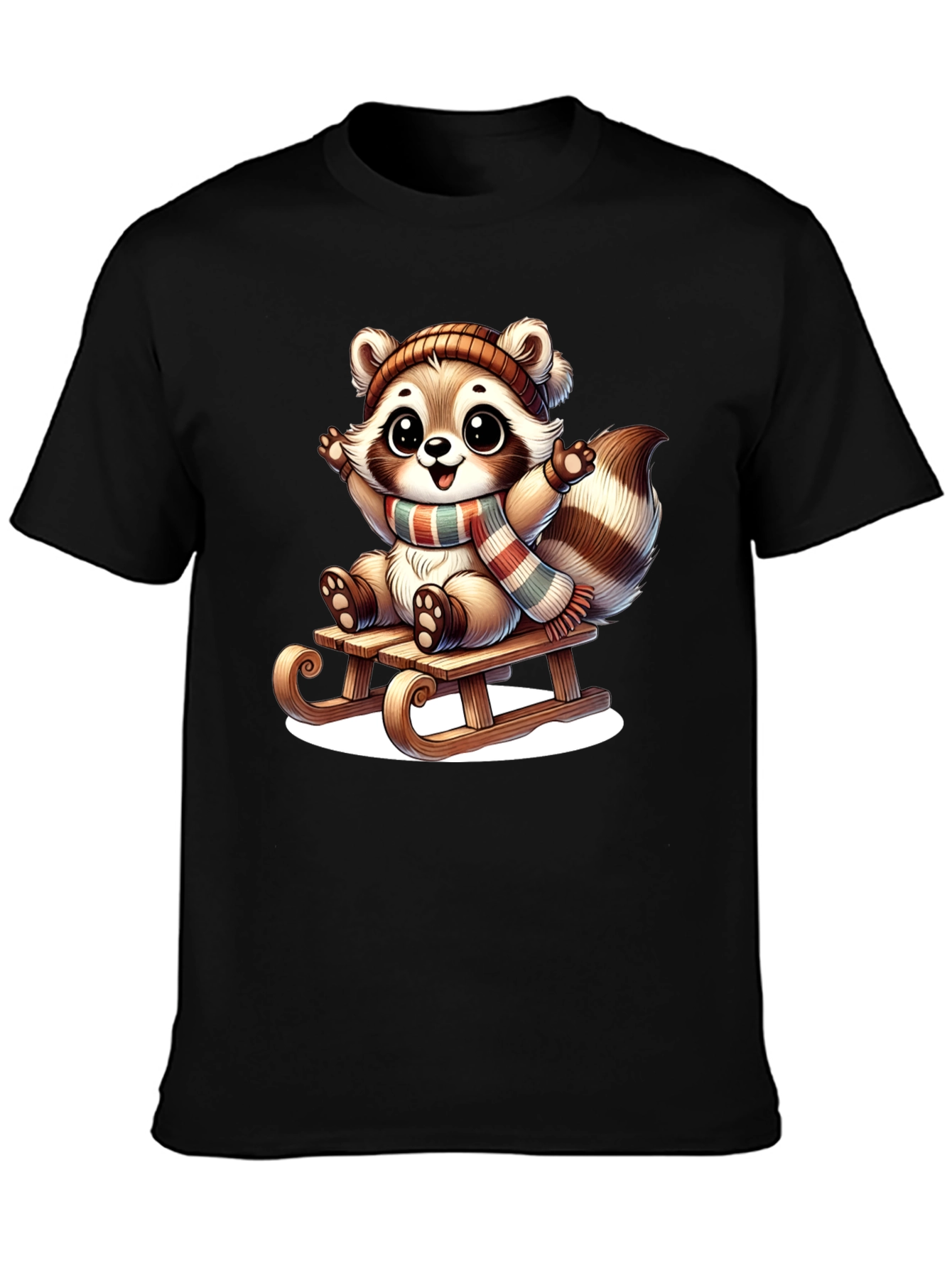 Black Cute Raccoon Sledding Graphic Tee view 3