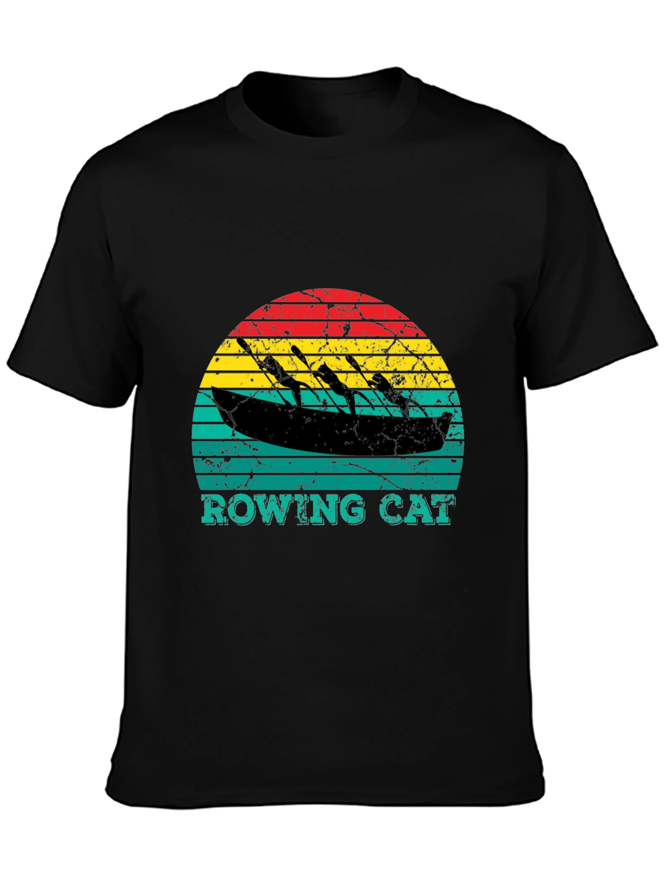 Black Rowing Cat T-Shirt - Vintage Style Tee view 3