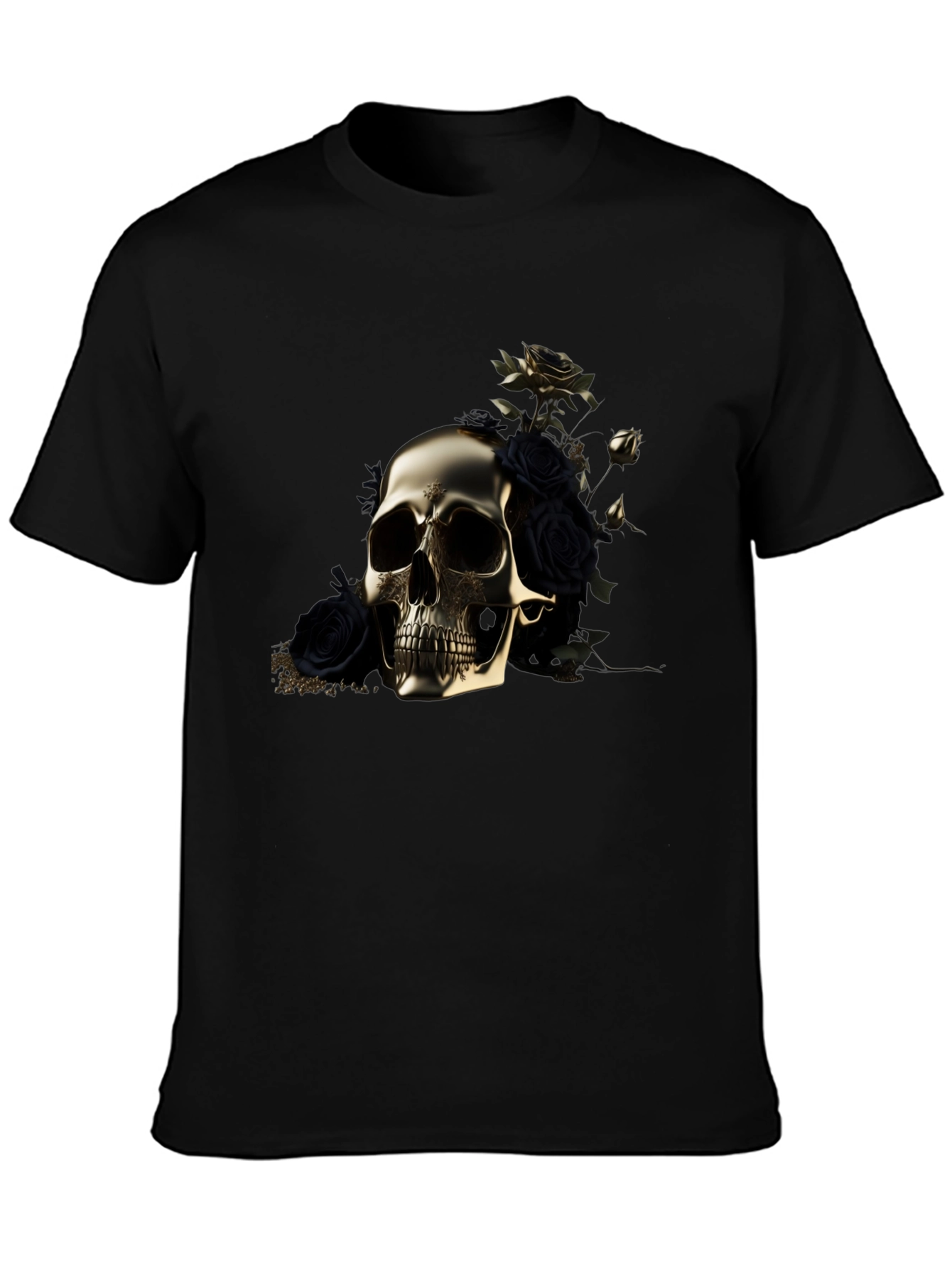 Black Golden Skull & Roses Graphic Tee view 3