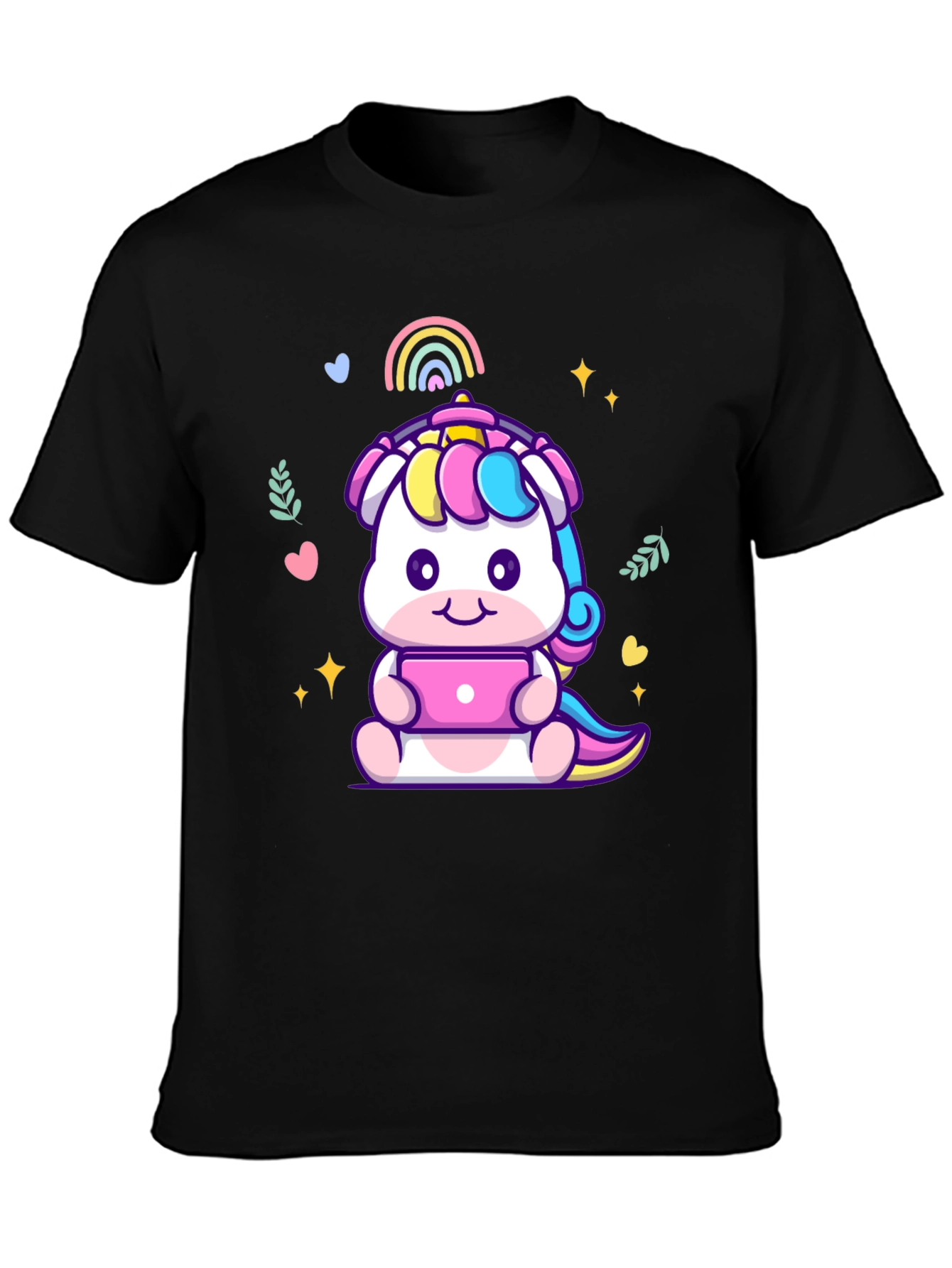 Black Cute Unicorn Laptop Graphic Tee - Black T-Shirt view 3