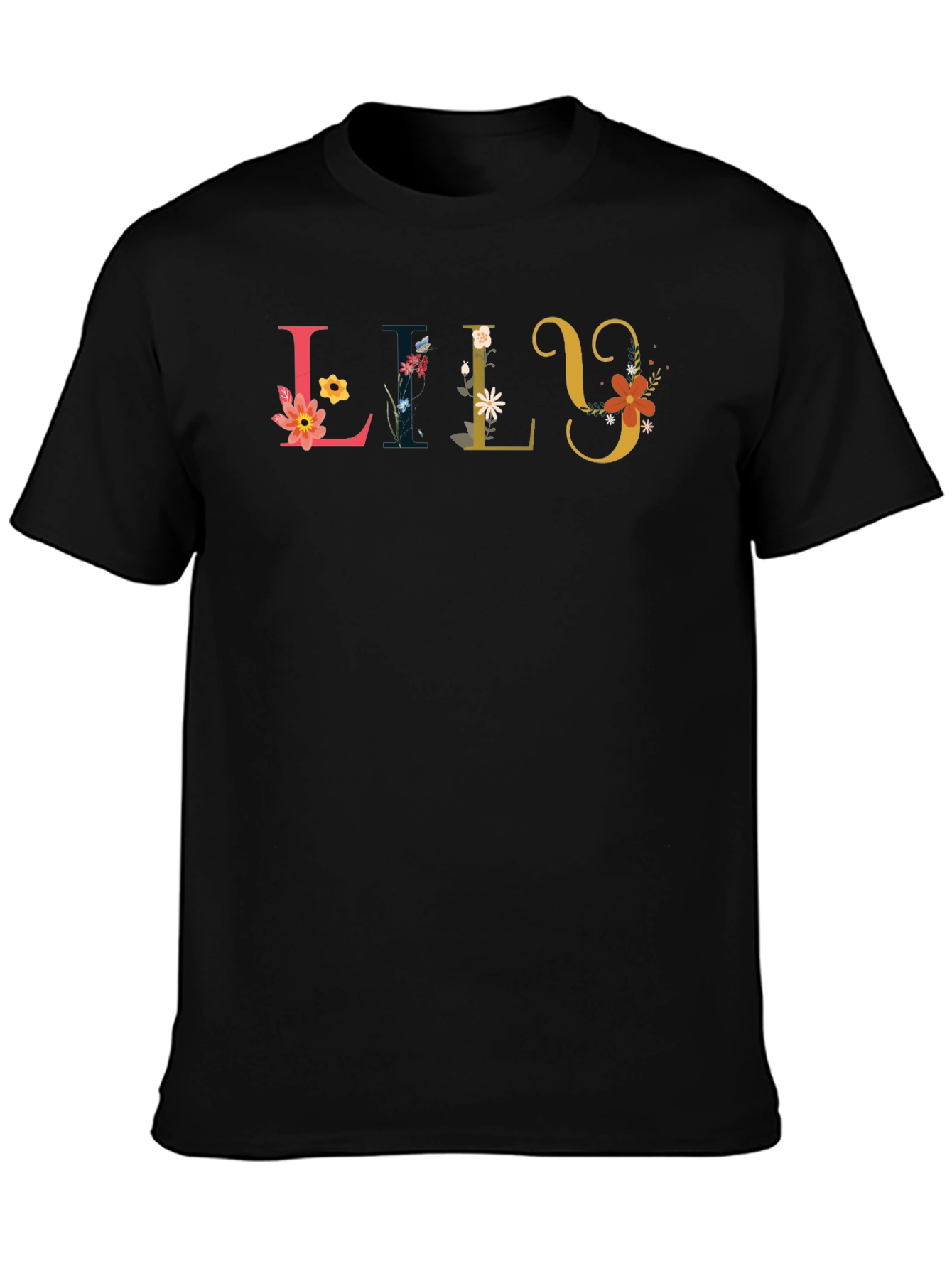 Black Floral Lily Personalized Black T-Shirt view 3