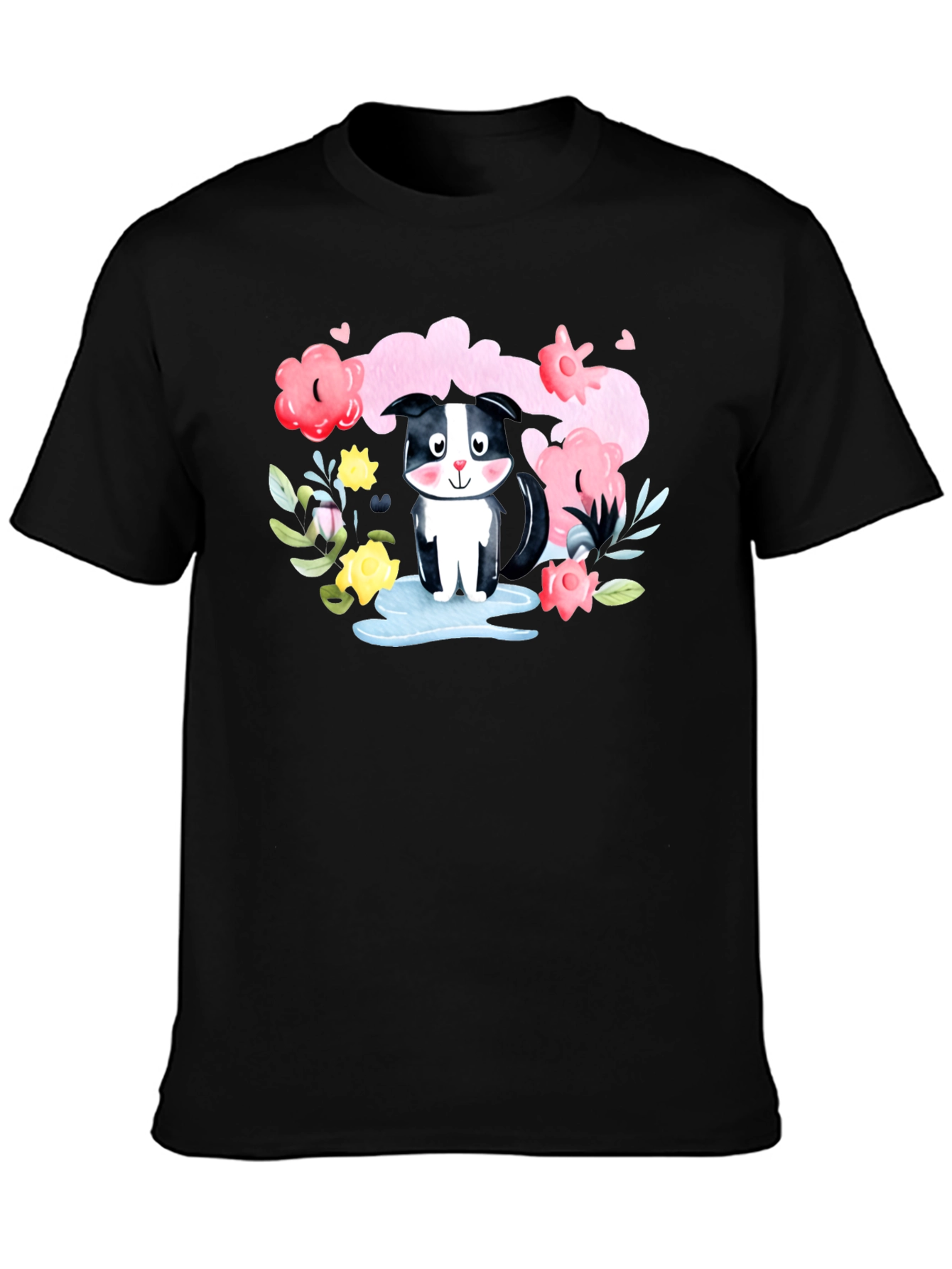 Black Cute Skunk in Watercolor Floral T-Shirt view 3