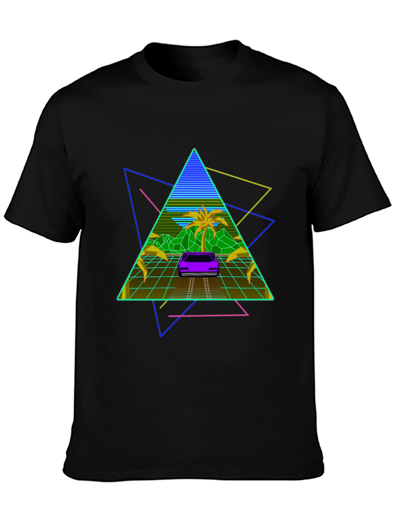 Black Retro Wave T-Shirt: 80s Style Car & Triangle Design view 3