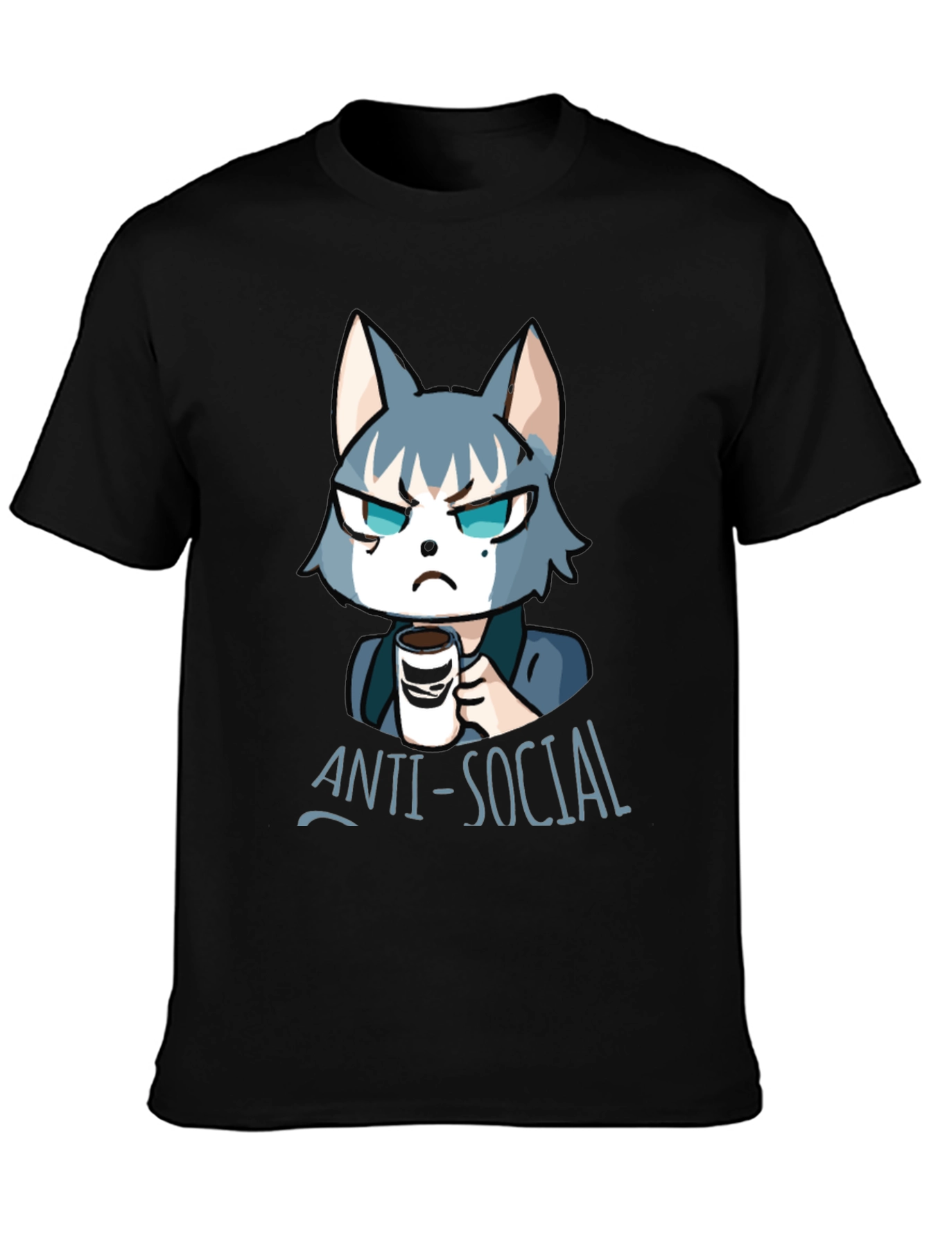 Black Anti-Social Wolf Graphic Tee - Coffee Lover T-Shirt view 3