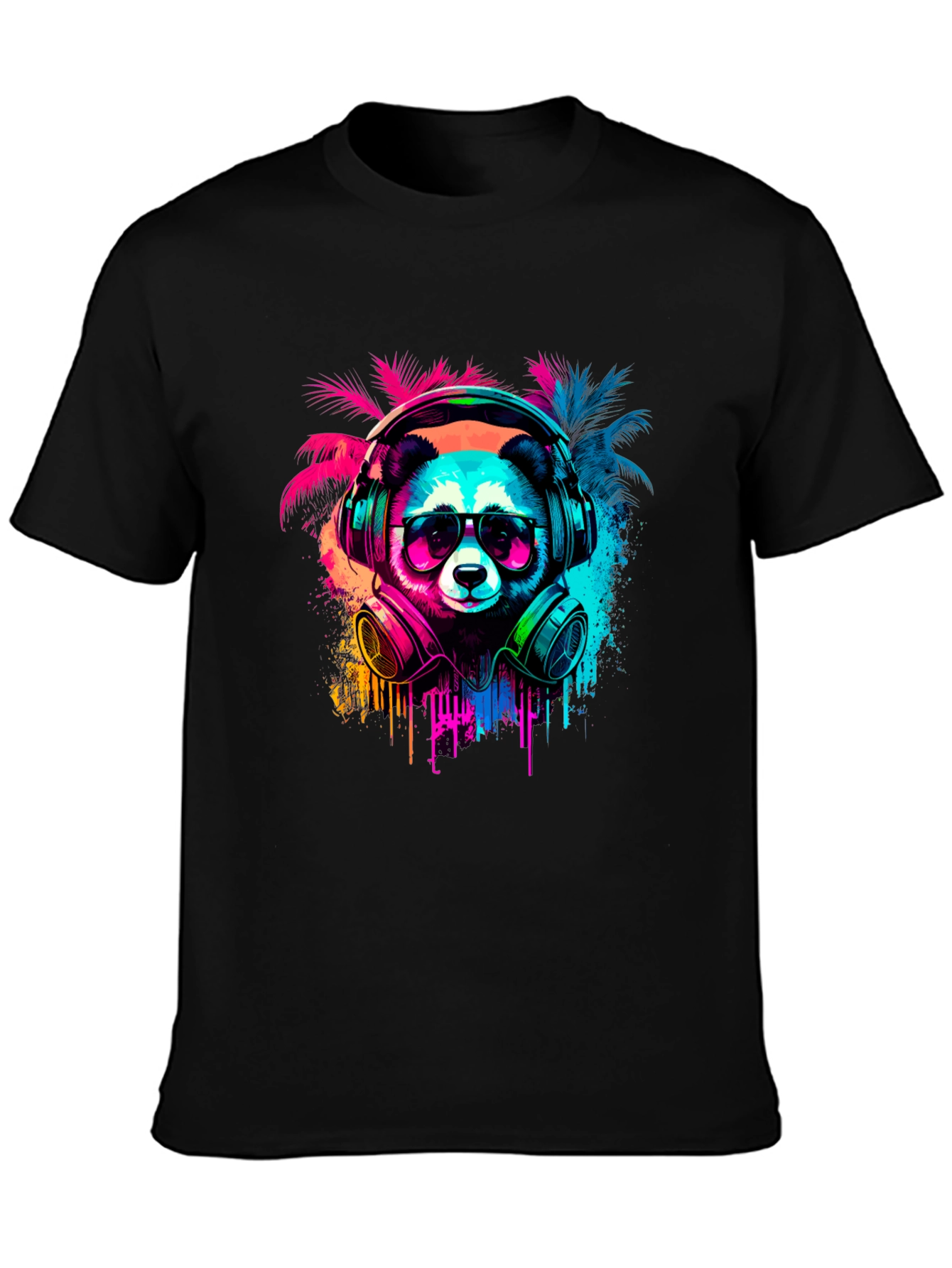 Black Neon Panda Headphones Graphic Tee view 3