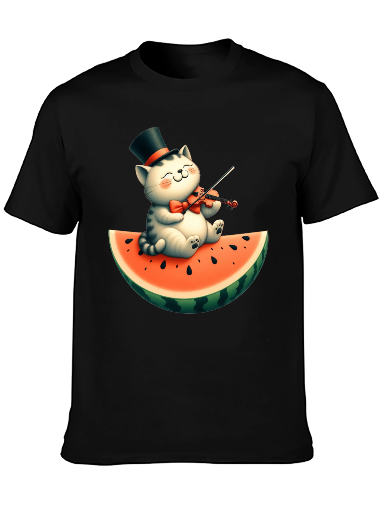 Black Cat Playing Violin on Watermelon Graphic Tee view 3