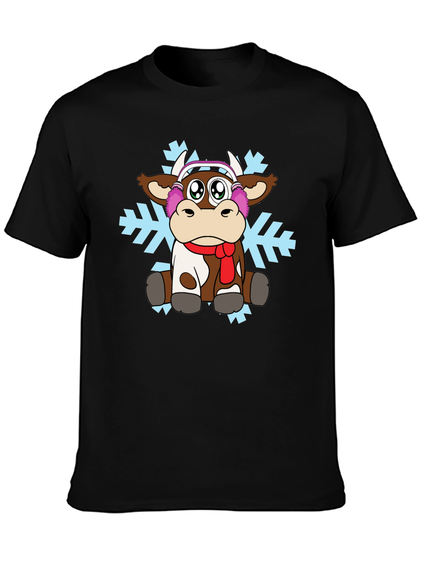Black Cute Cartoon Cow Winter T-Shirt view 3