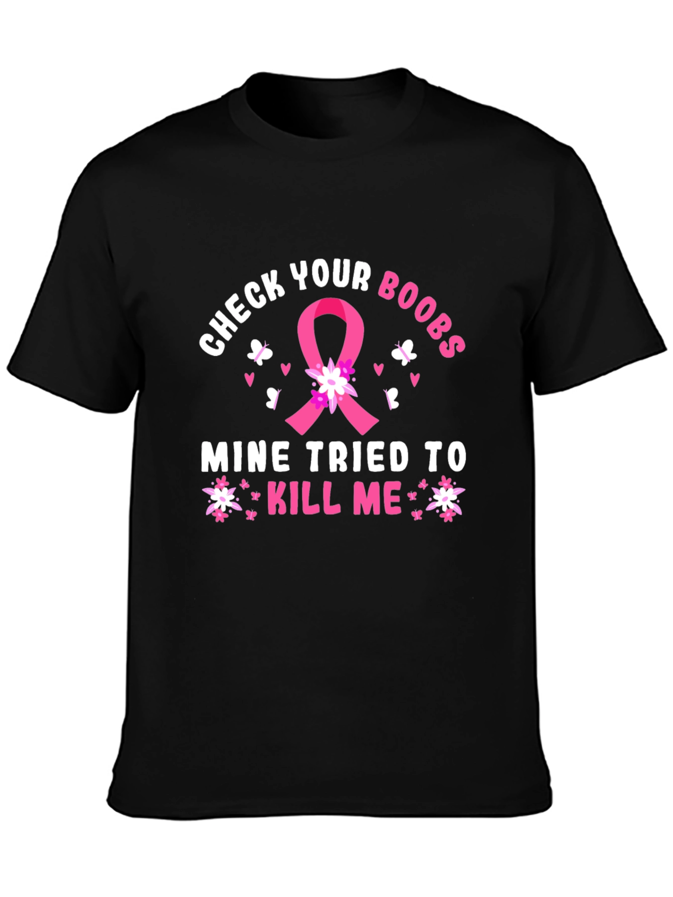 Black Check Your Boobs Breast Cancer Awareness T-Shirt view 3