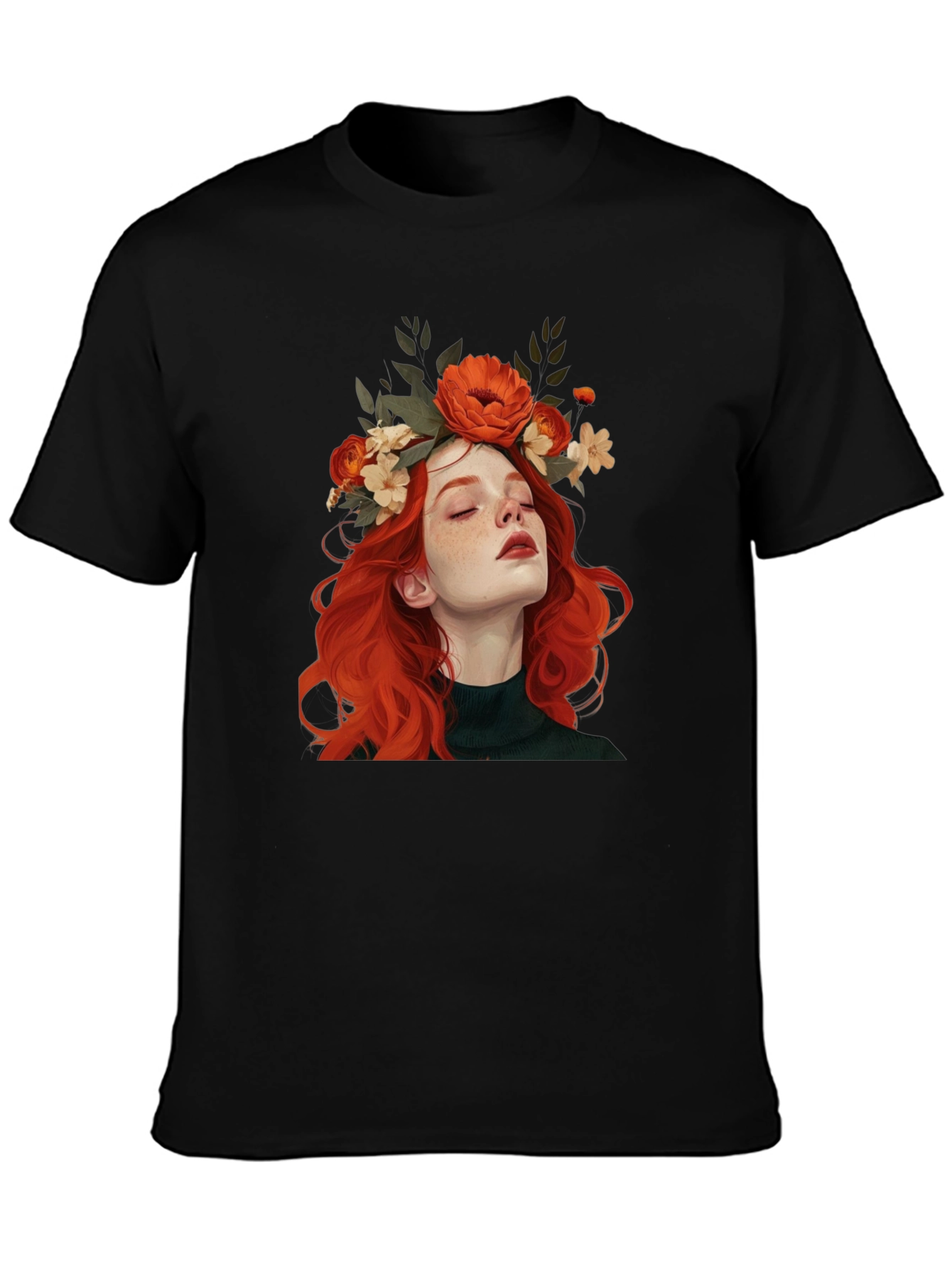 Black Floral Crown Woman Graphic Black T-Shirt view 3