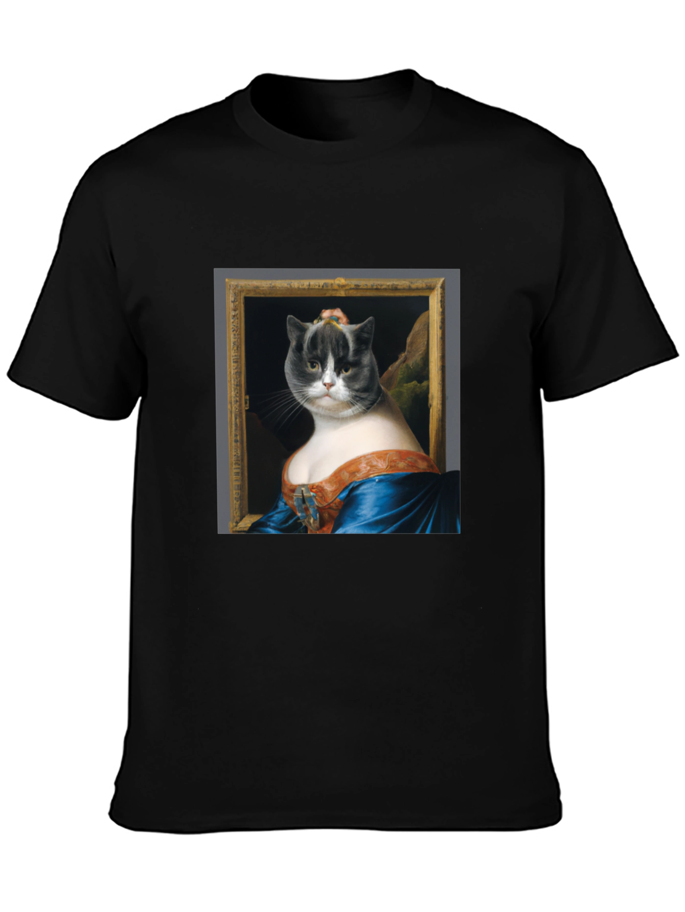 Black Mona Lisa Cat Portrait Graphic Tee - Black Cotton T-Shirt view 3