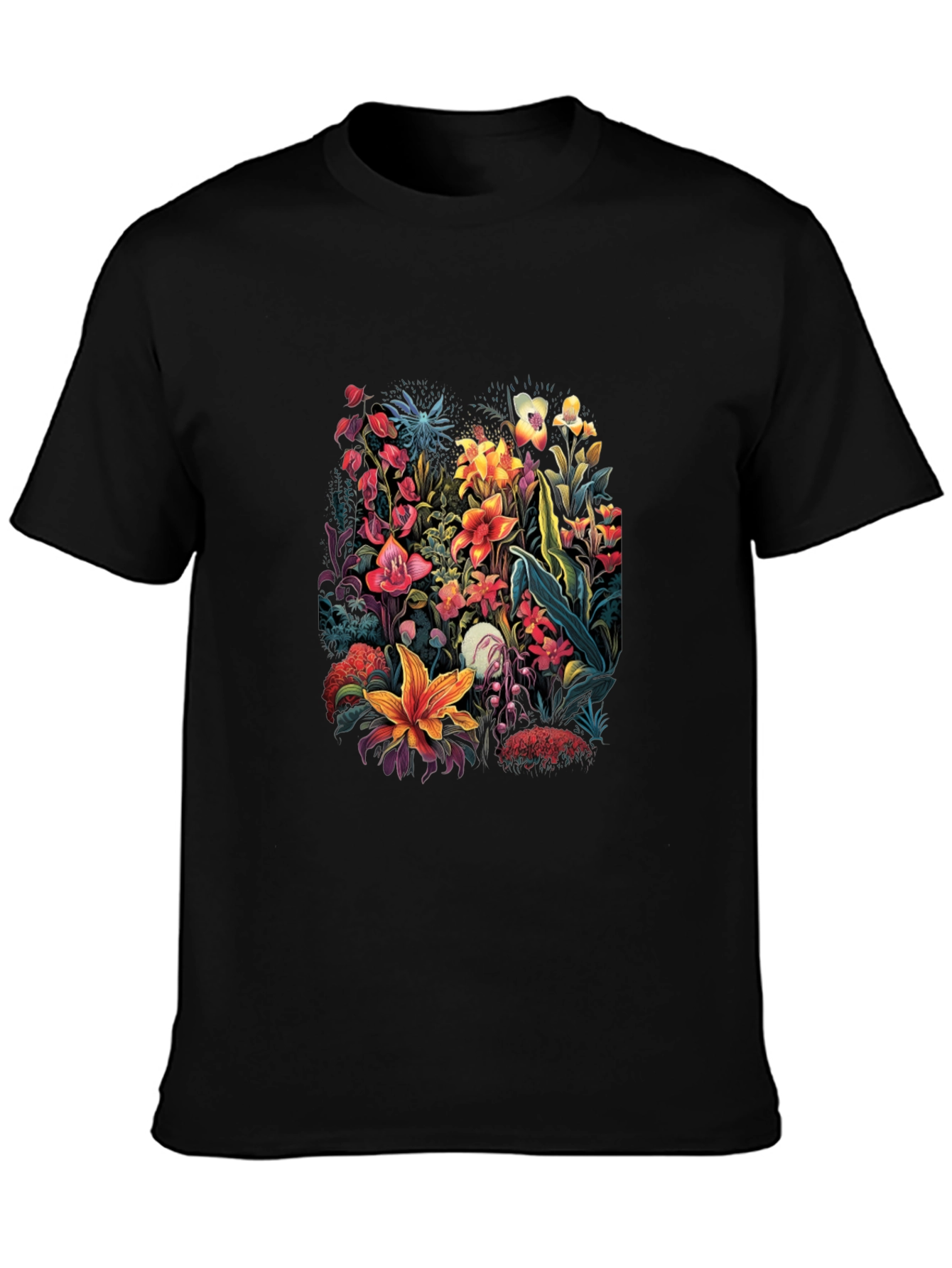 Black Floral Print T-Shirt - Botanical Design view 3