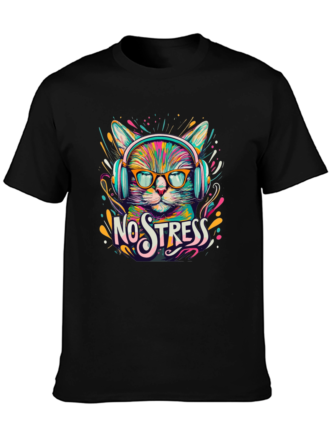 Black No Stress Cat T-Shirt view 3