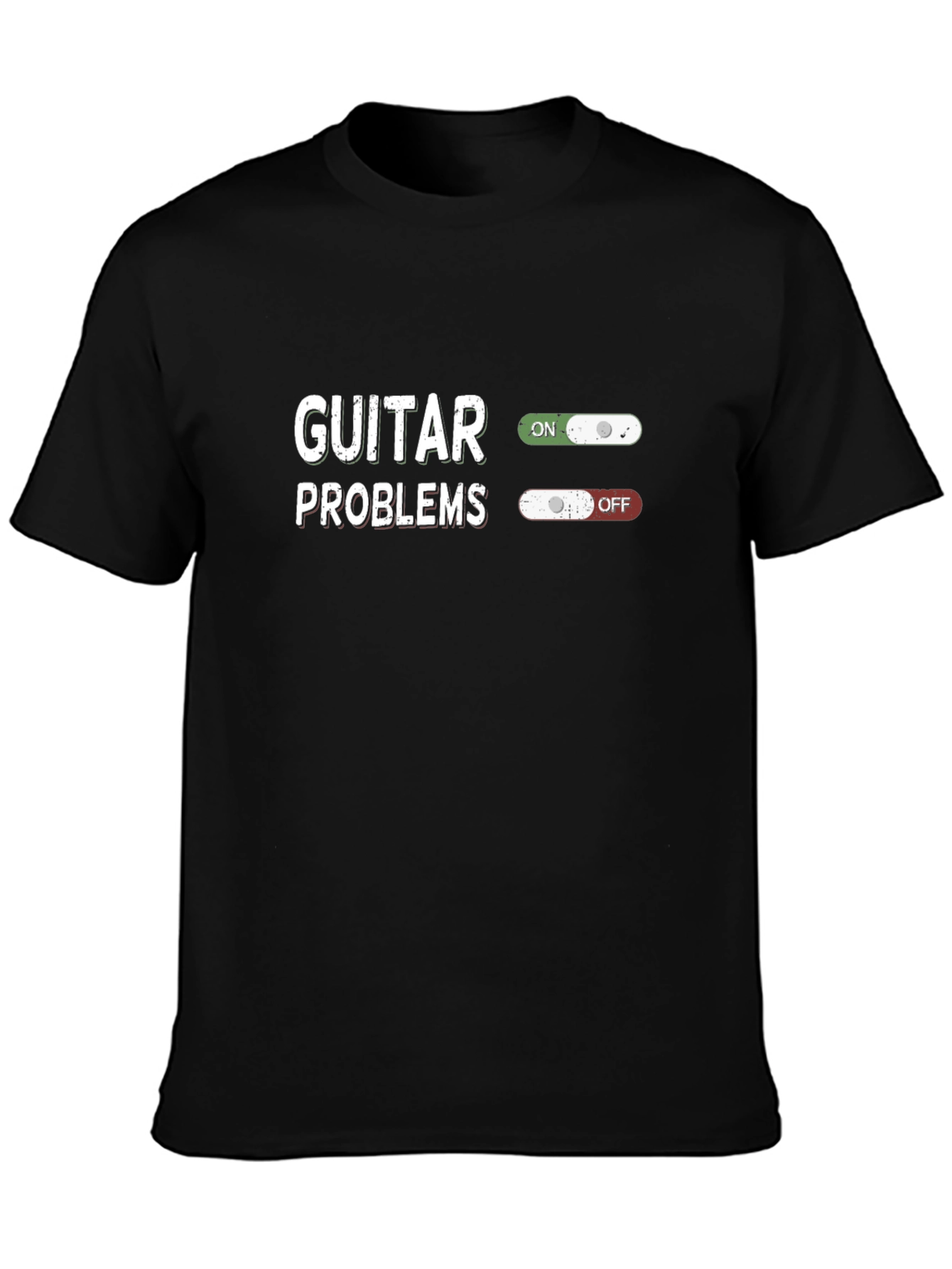 Black Guitar Problems On/Off T-Shirt - Musician Humor Tee view 3
