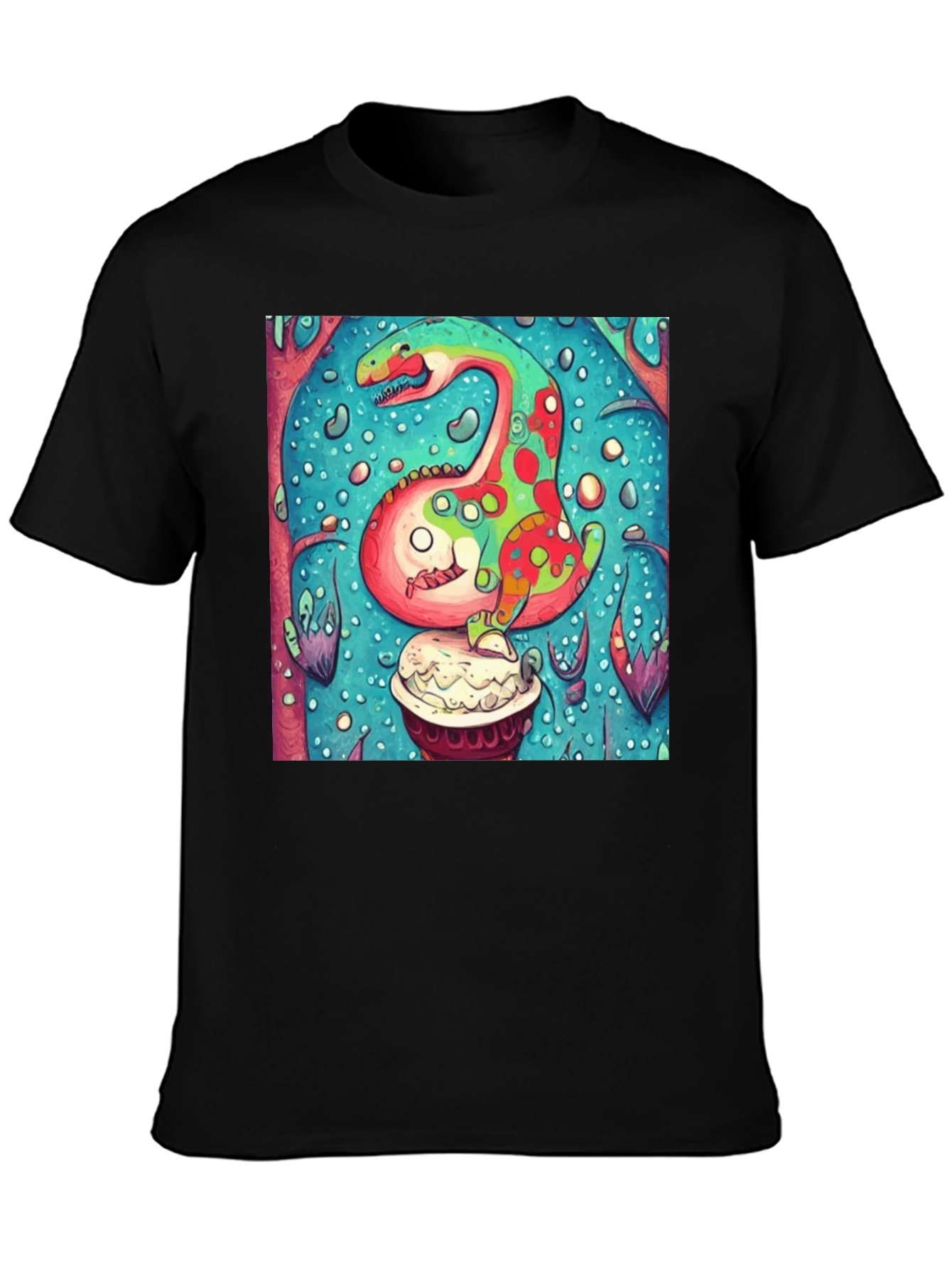 Black Dinosaur Cupcake Graphic T-Shirt - Unique Art Tee view 3