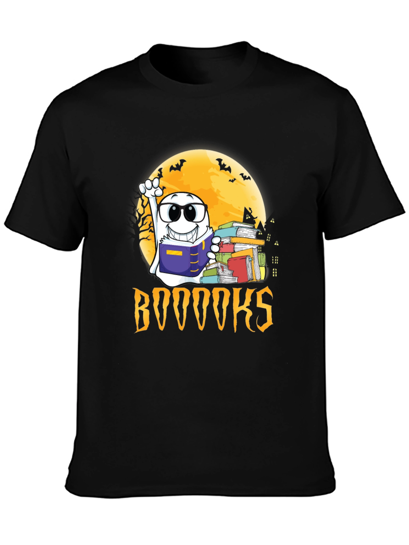 Black Halloween Ghost Reading BOOOOOKS T-Shirt view 3