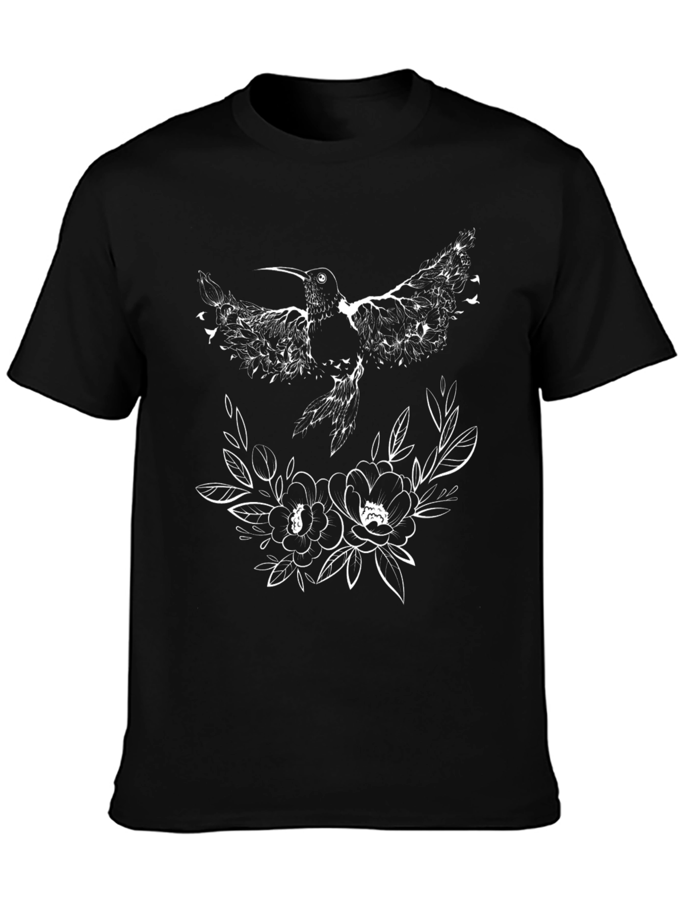 Black Hummingbird & Floral Graphic Black T-Shirt view 3