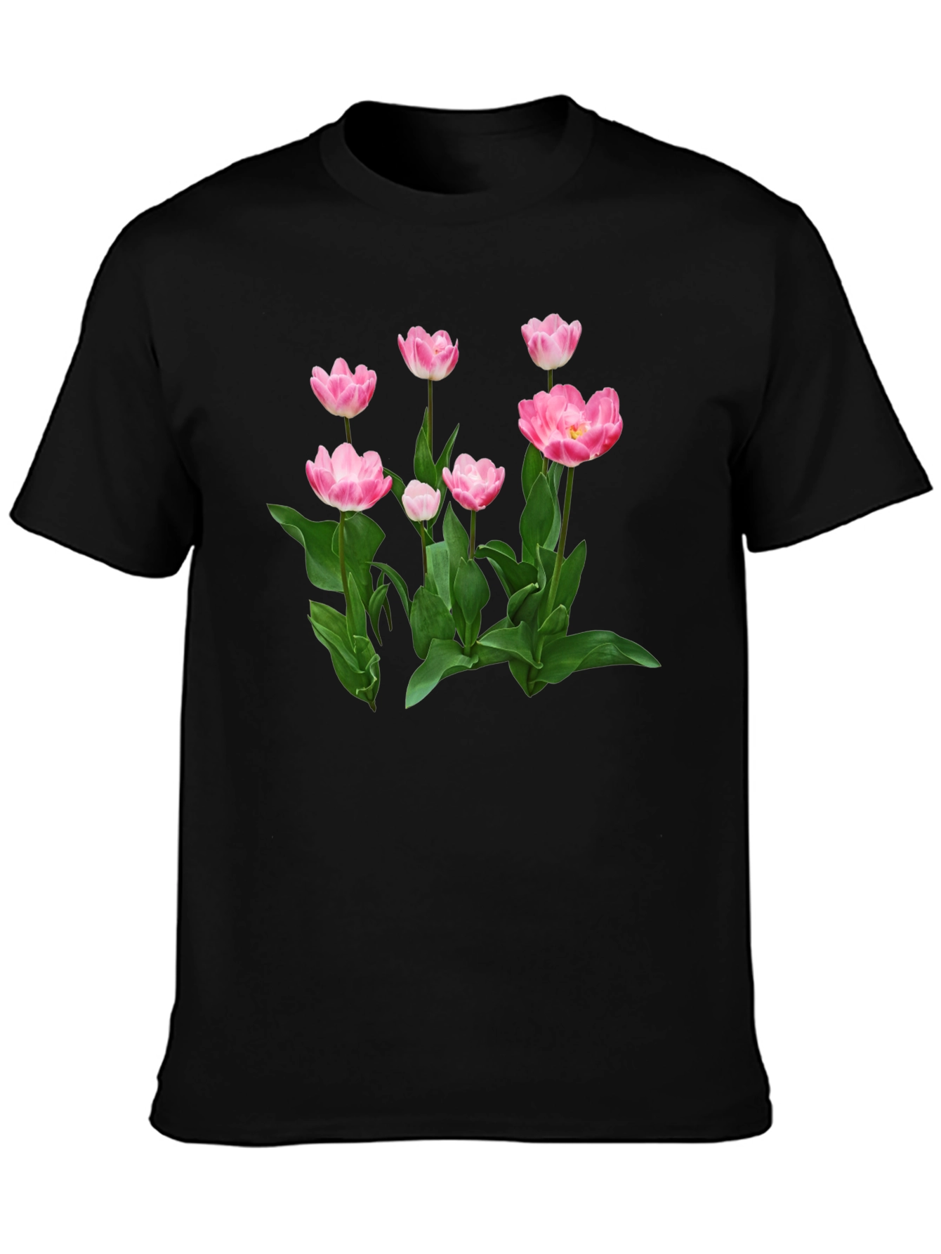 Black Floral Print T-Shirt - Pink Tulip Design view 3
