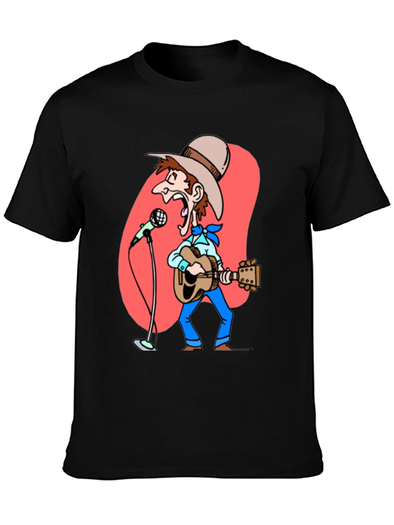 Black Cartoon Cowboy T-Shirt - Guitar & Microphone Graphic view 3