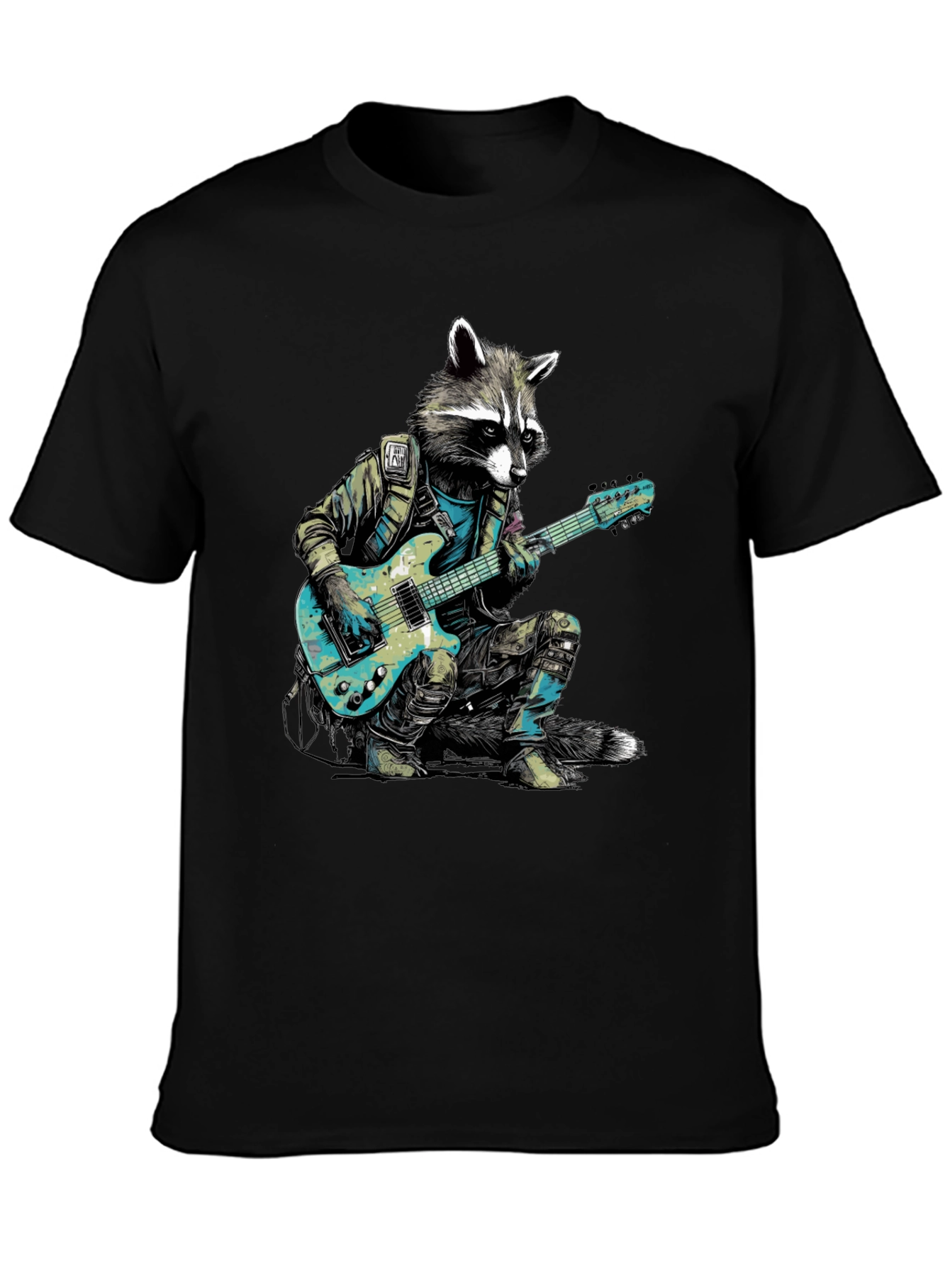 Black Raccoon Rocker Graphic Tee - Cool Animal Guitar T-Shirt view 3
