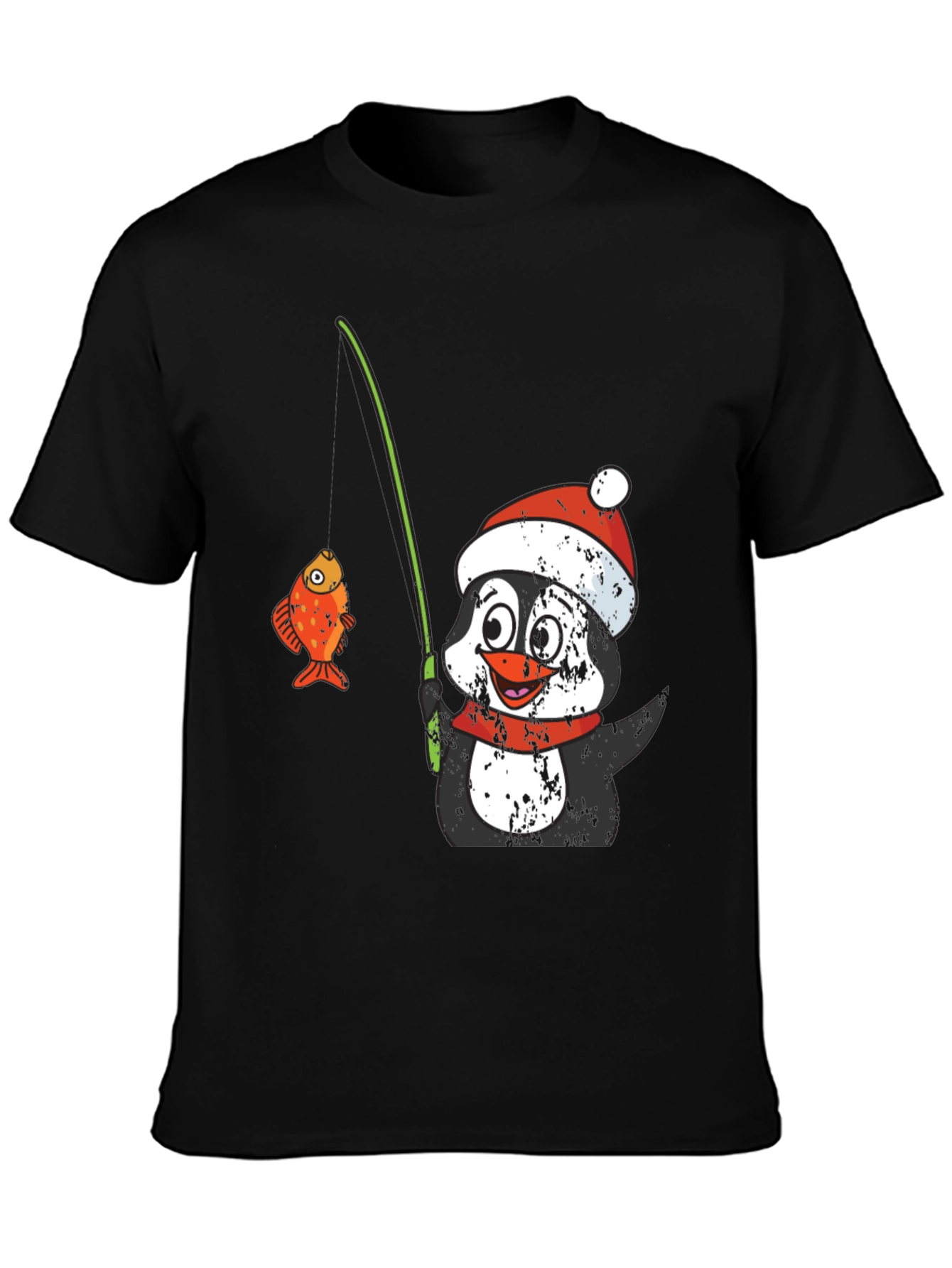 Black Penguin Fishing T-Shirt - Festive Holiday Wear view 3
