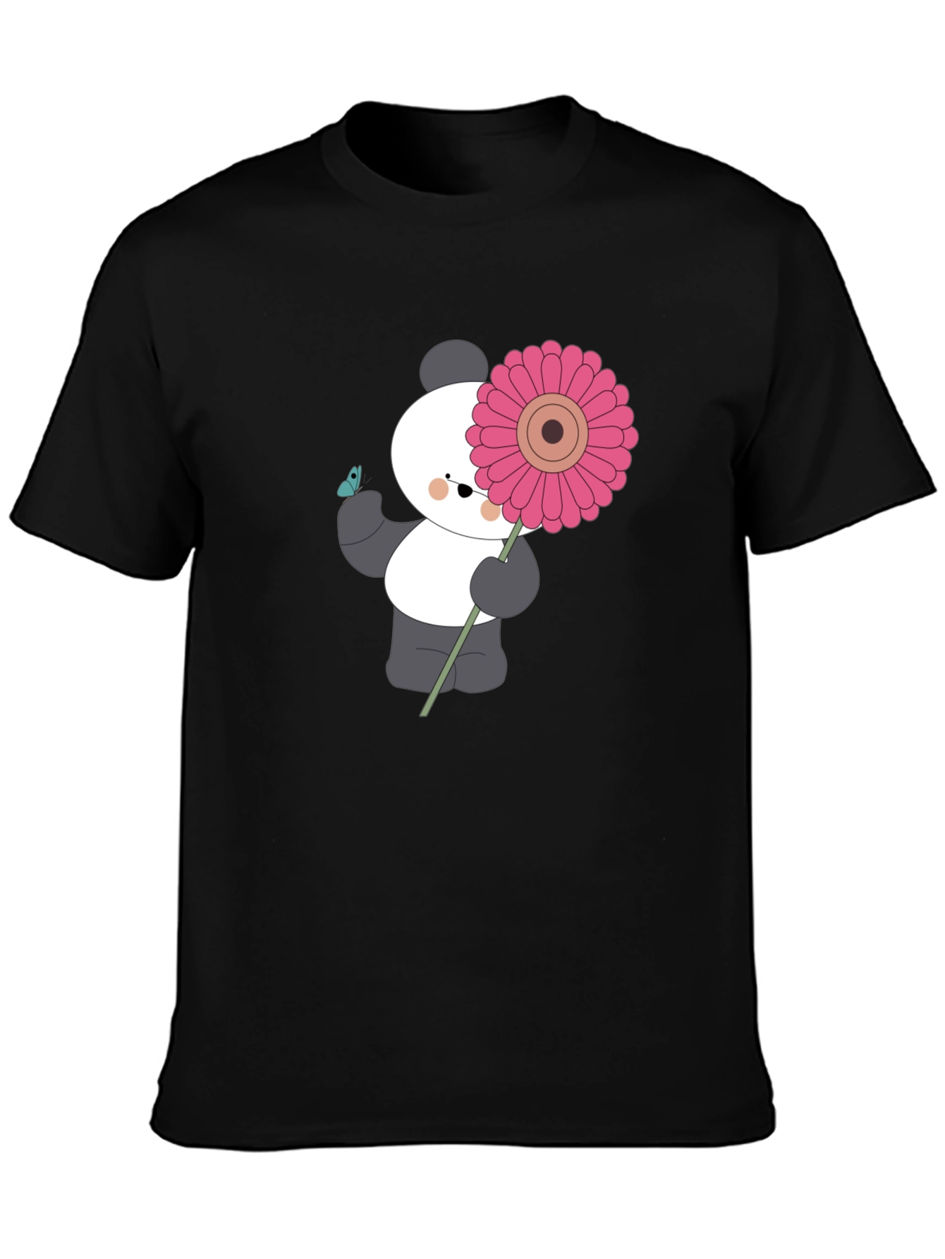 Black Panda with Flower Graphic Black T-Shirt view 3