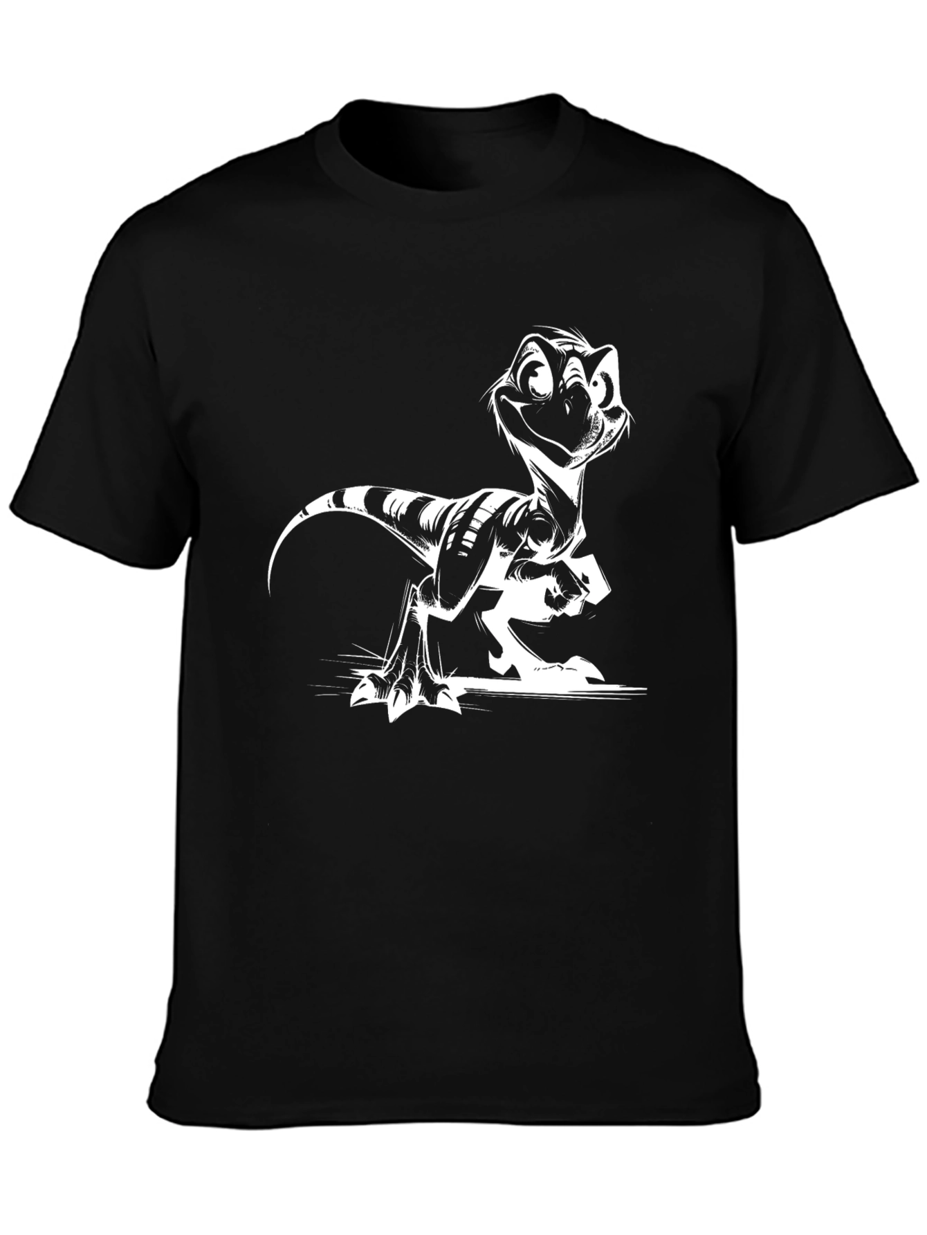 Black Cartoon Raptor Graphic Tee - Cool Black Shirt view 3