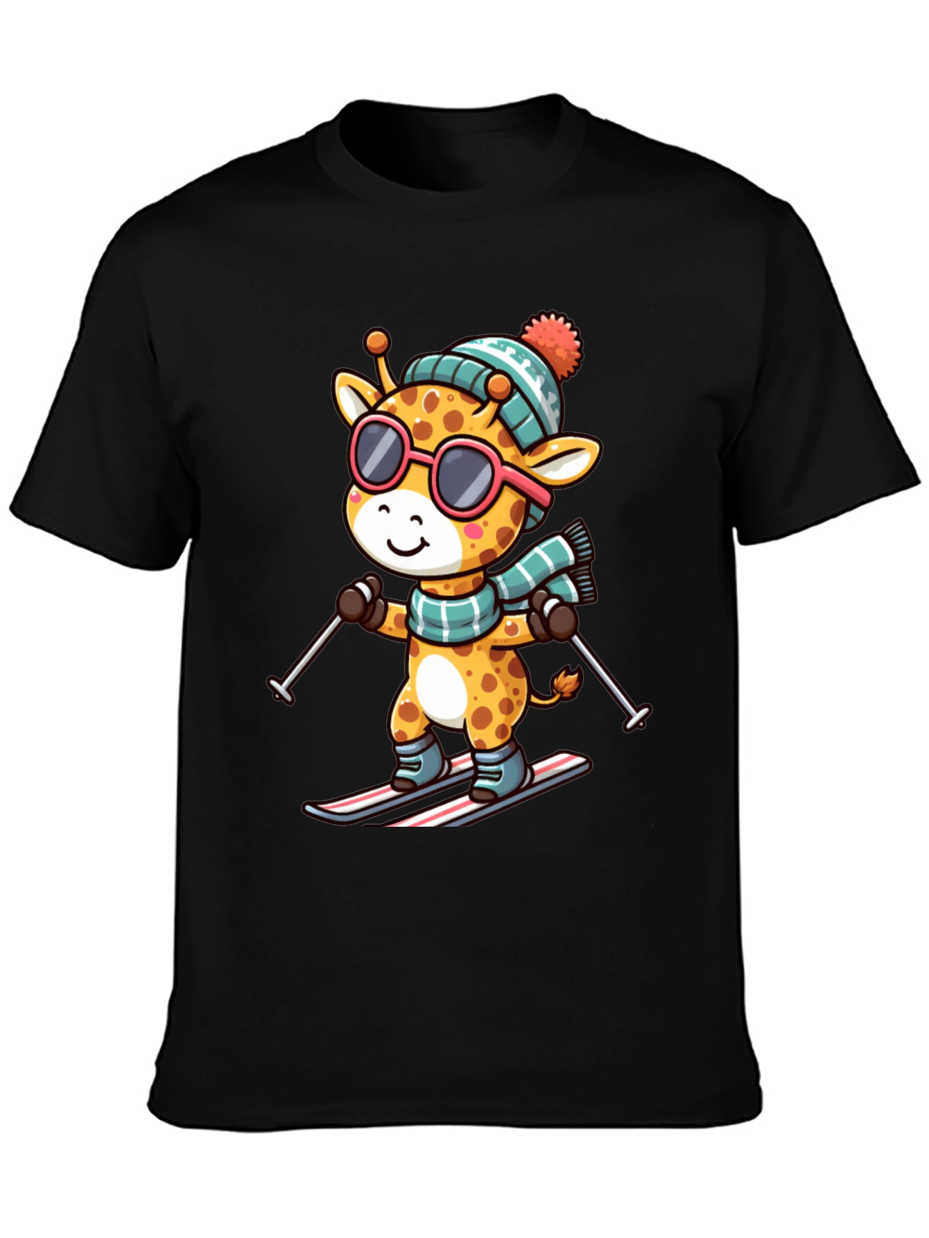 Black Giraffe Skiing T-Shirt - Fun Winter Apparel view 3