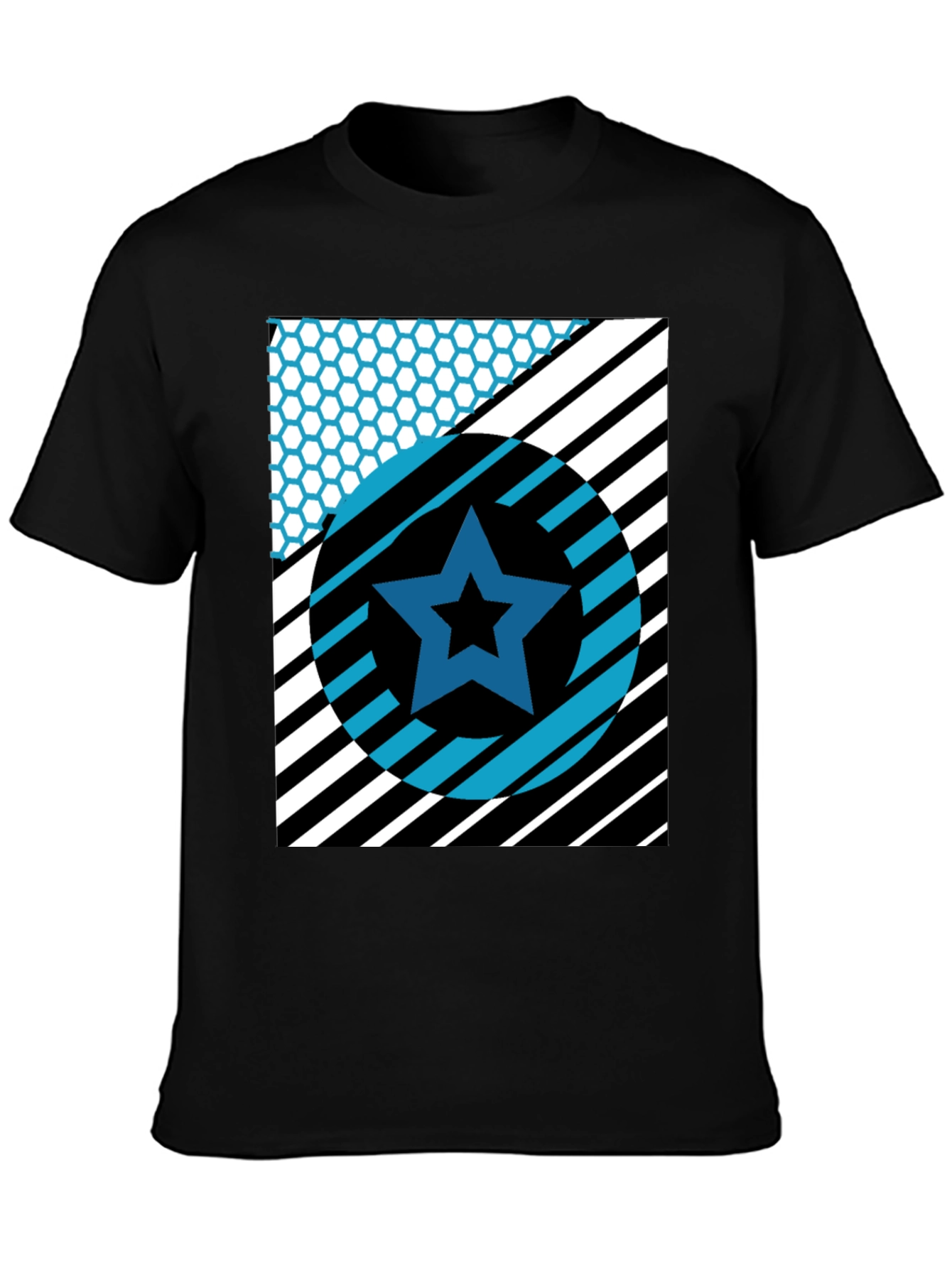Black Geometric Star Graphic Tee - Black Cotton T-Shirt view 3