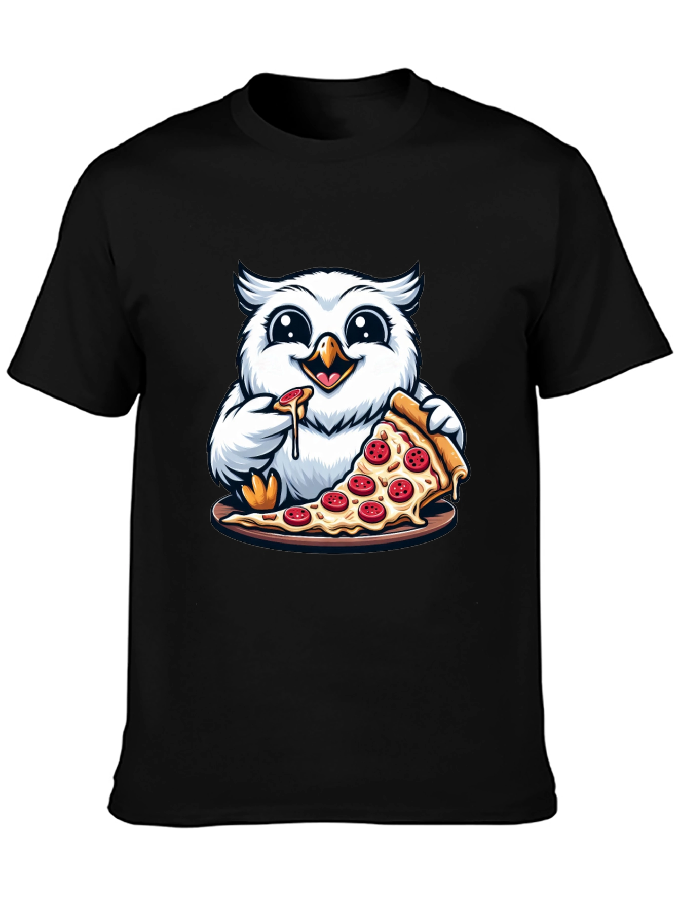Black Owl Pizza Lover T-Shirt - Cute Cartoon Graphic Tee view 3