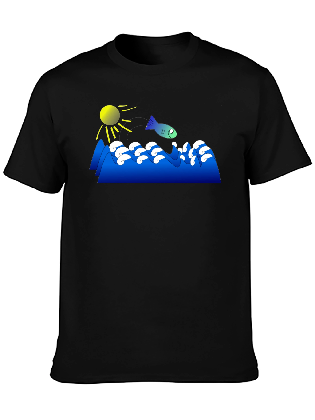 Black Cartoon Fish Jumping Waves Graphic Black T-Shirt view 3