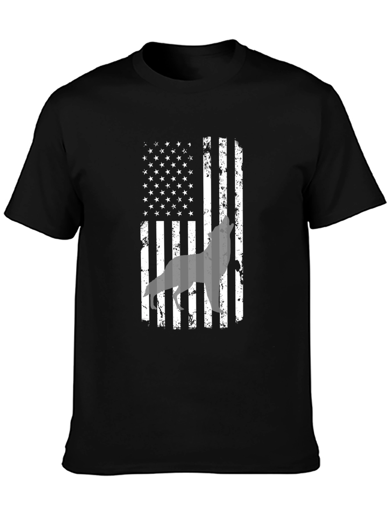 Black American Flag Wolf Graphic Print Men's T-Shirt view 3