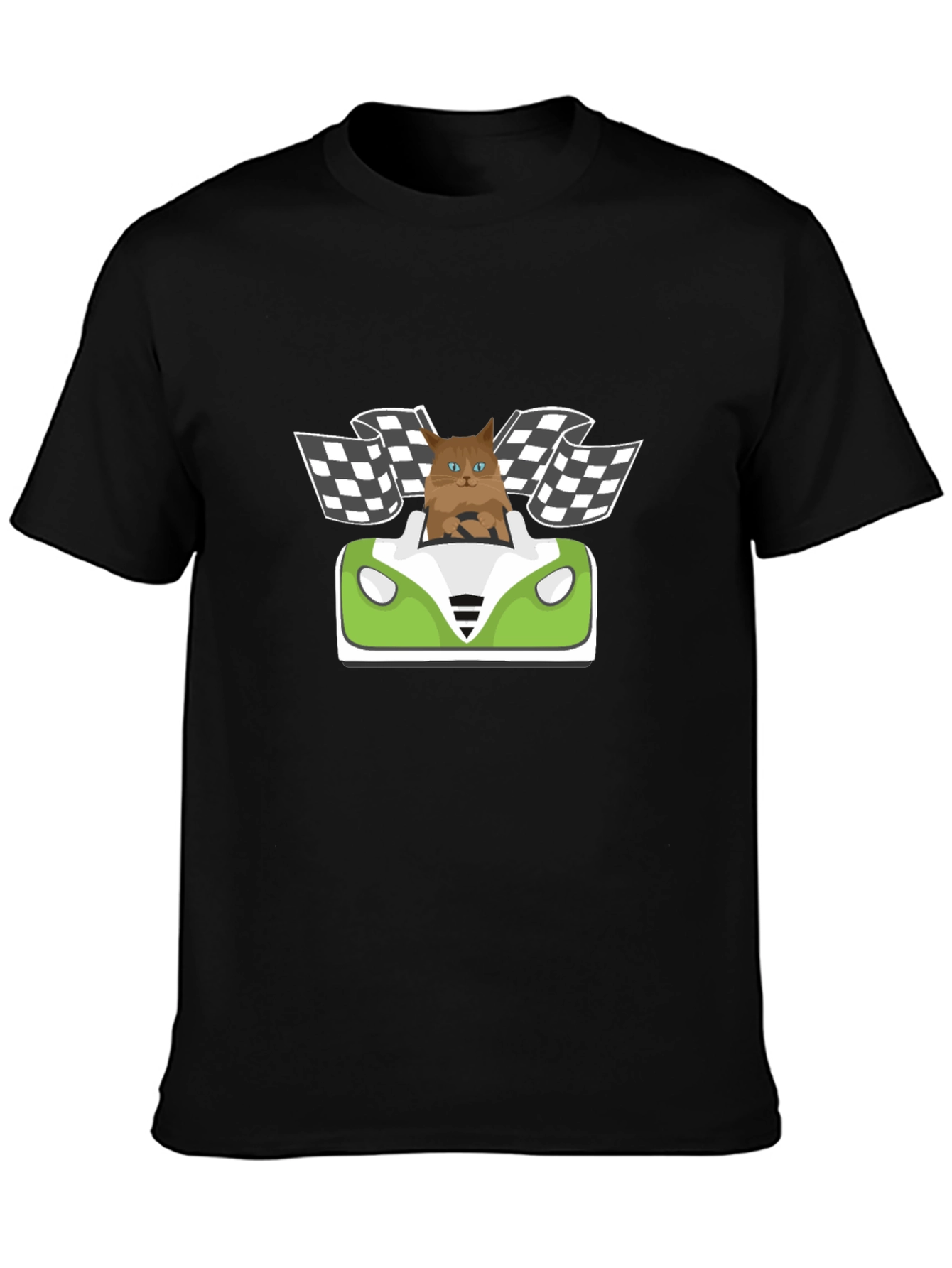 Black Cat Racer T-Shirt: Funny Cartoon Cat Driving view 3