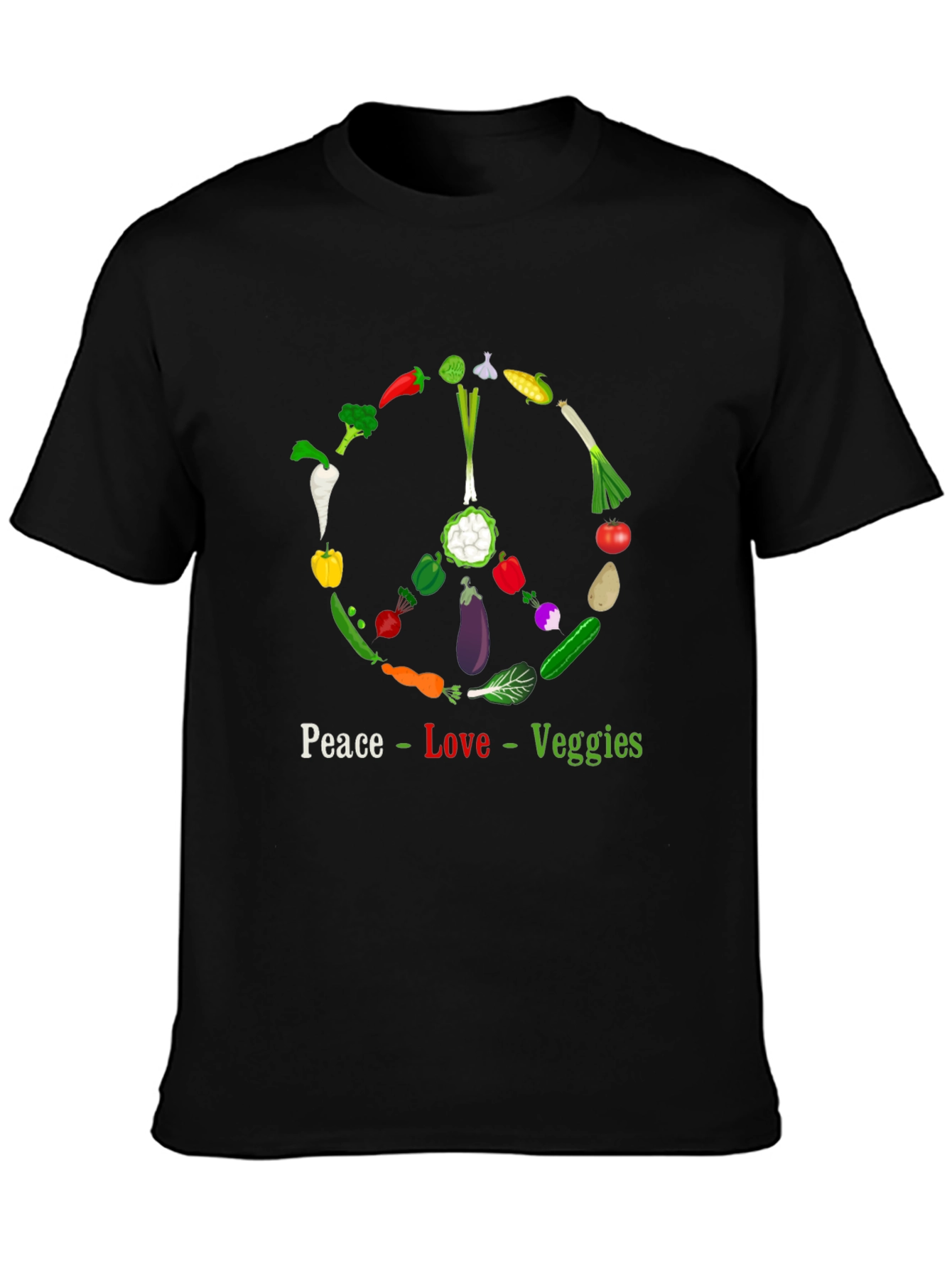 Black Peace Love Veggies T-Shirt - Vegetarian Vegan Apparel view 3