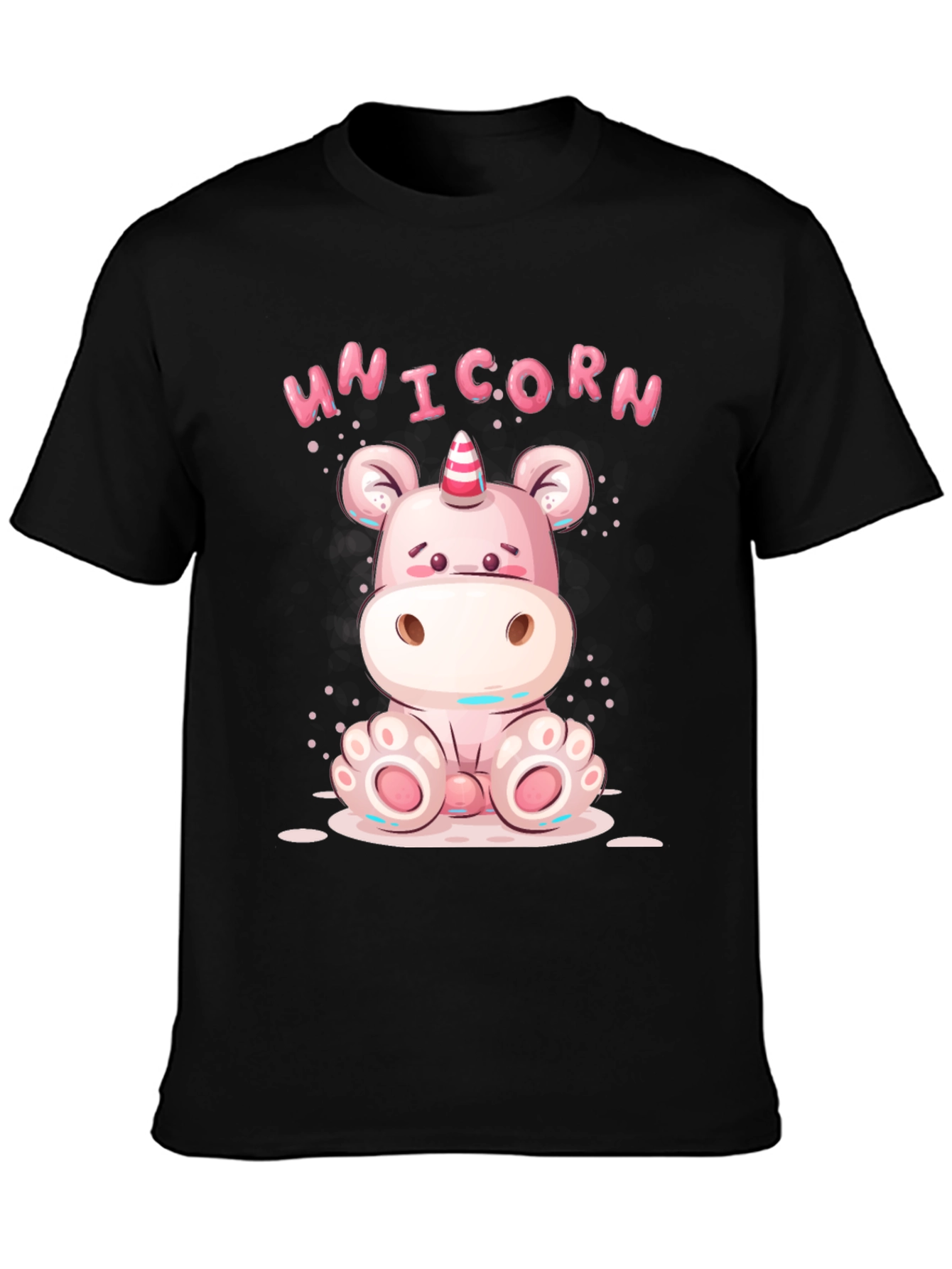 Black Cute Unicorn Cartoon Black T-Shirt view 3