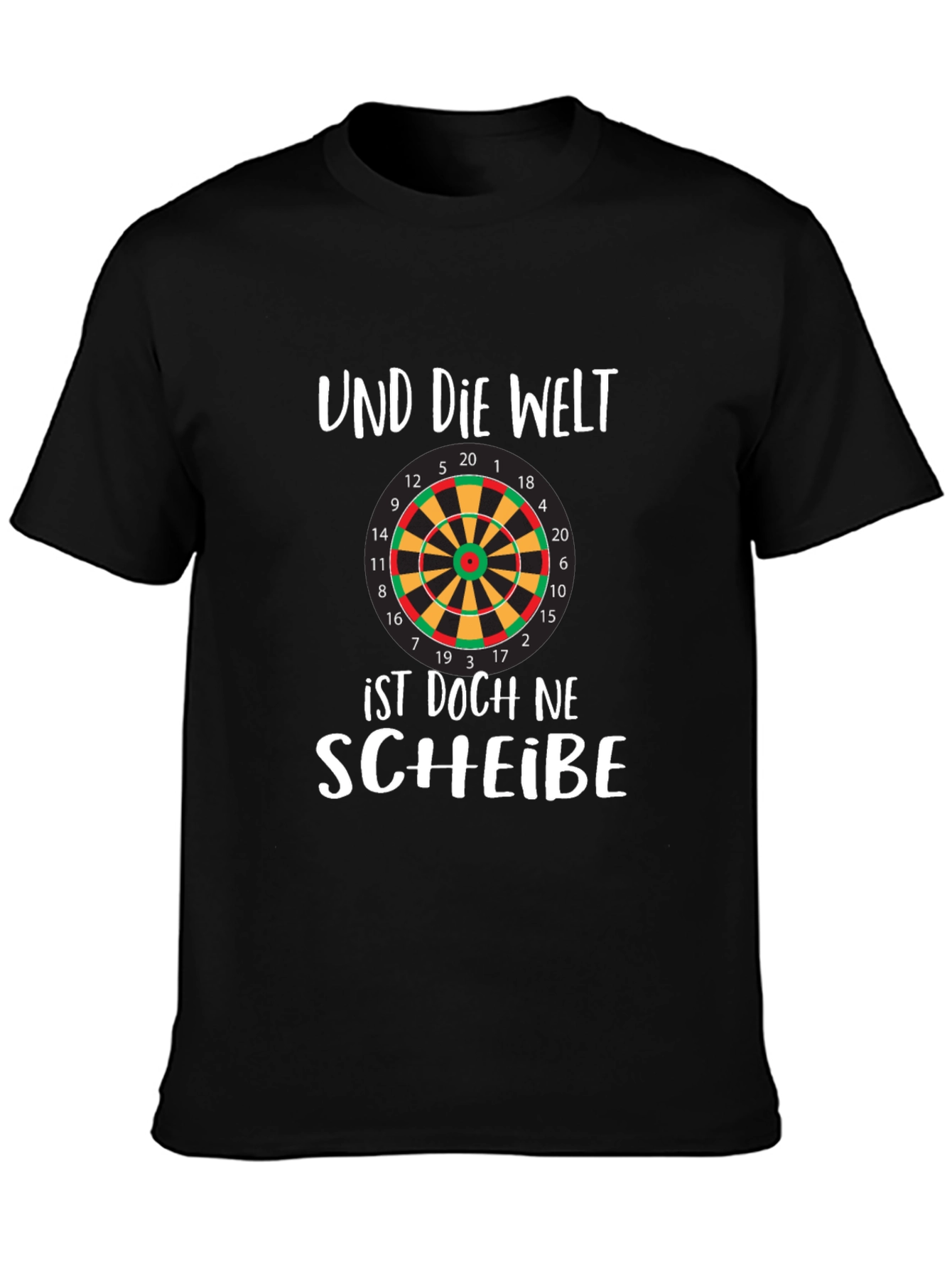 Black Humorous Dartboard T-Shirt - 'Und Die Welt' Design view 3