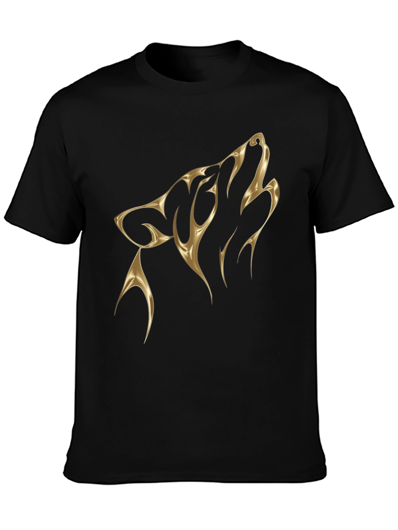 Black Men's Black T-Shirt with Golden Wolf Design view 3