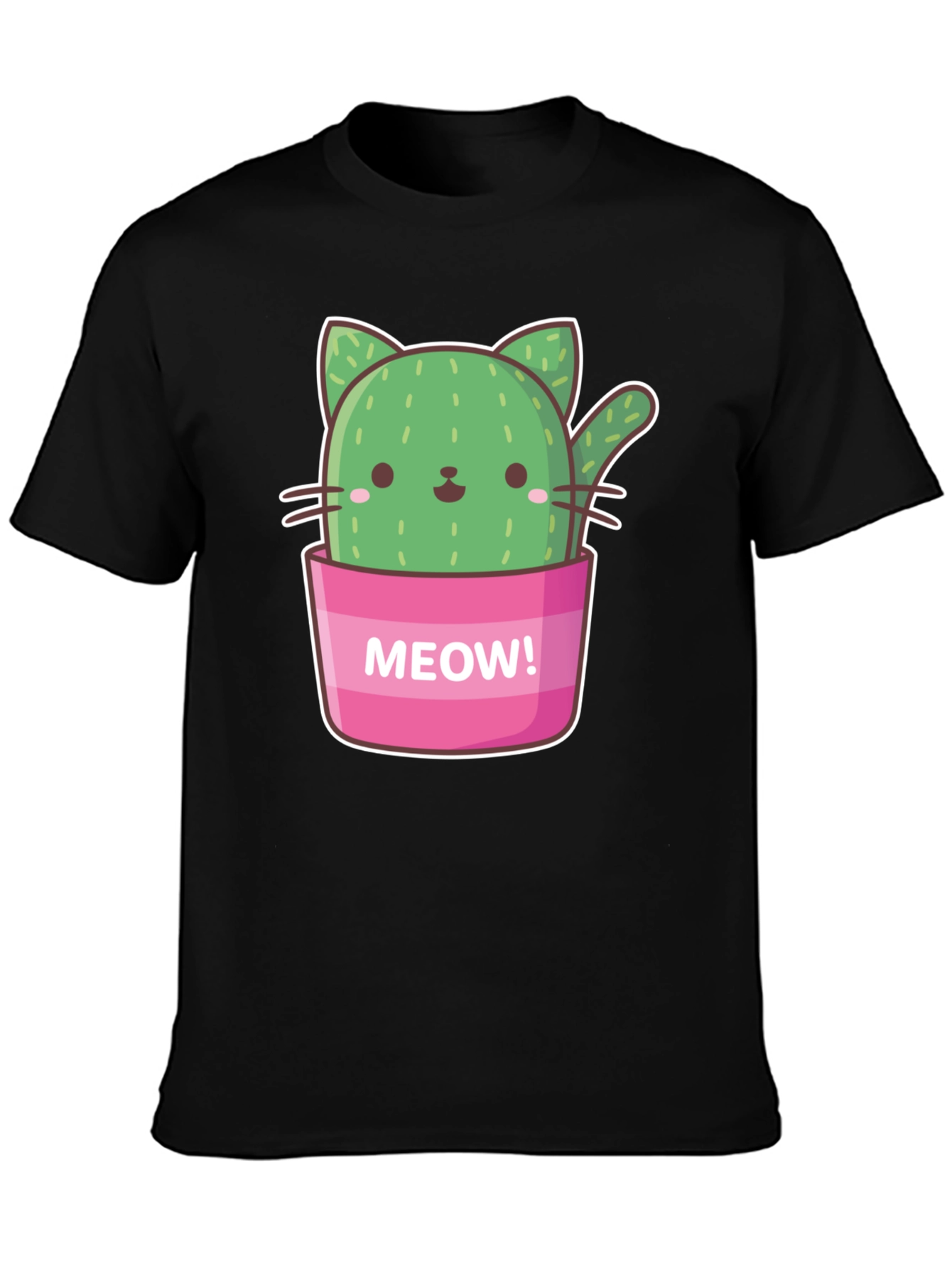 Black Cactus Cat Graphic T-Shirt - "Meow!" Design view 3