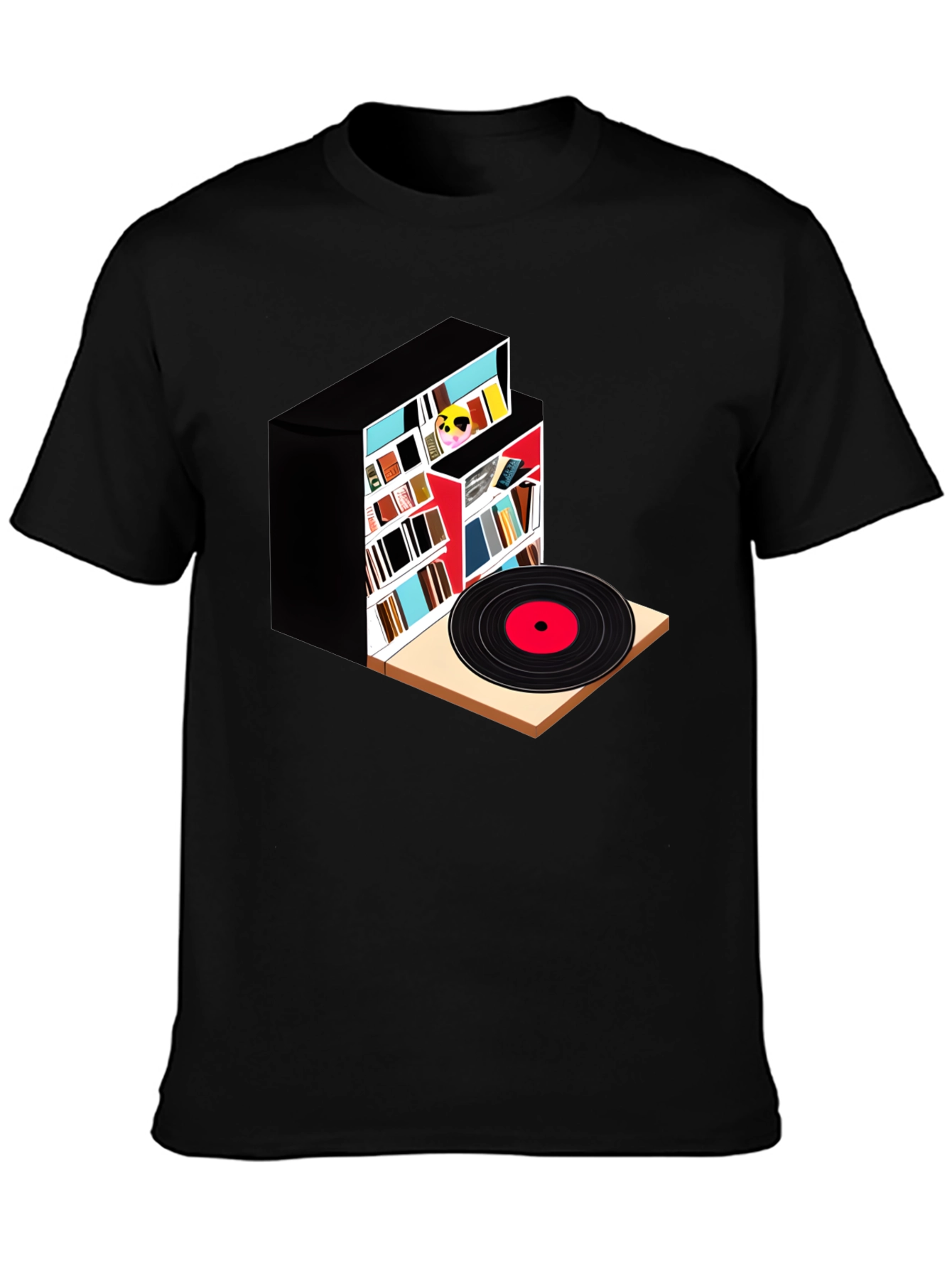 Black Bookcase and Vinyl Record T-Shirt view 3
