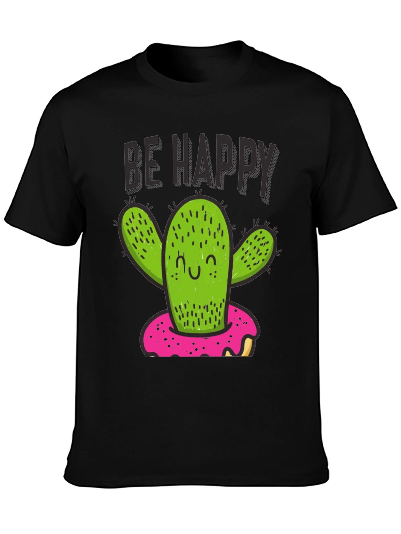 Black Be Happy Cactus Doughnut Graphic T-Shirt view 3