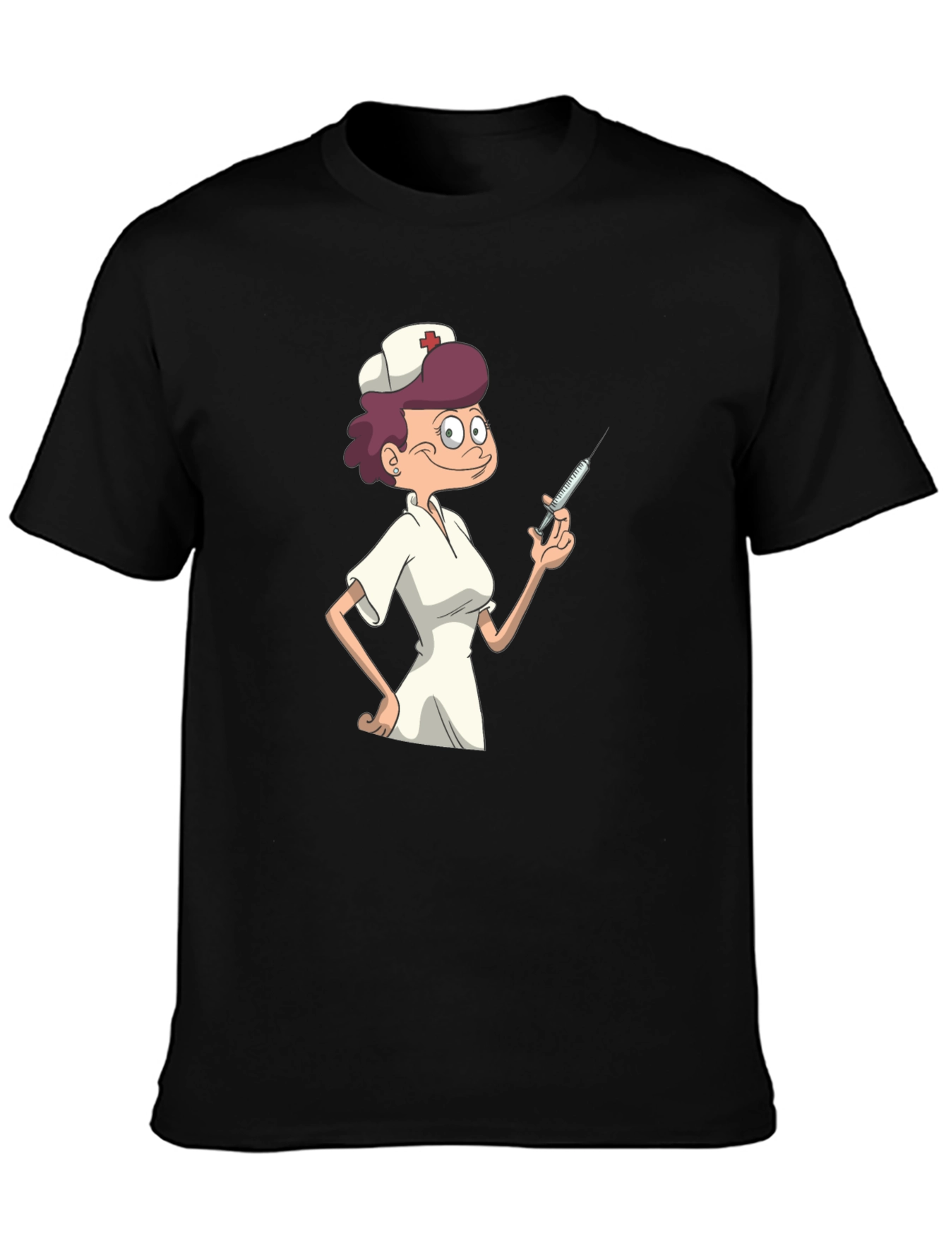 Black Nurse Cartoon Graphic T-Shirt - Black Casual Tee view 3
