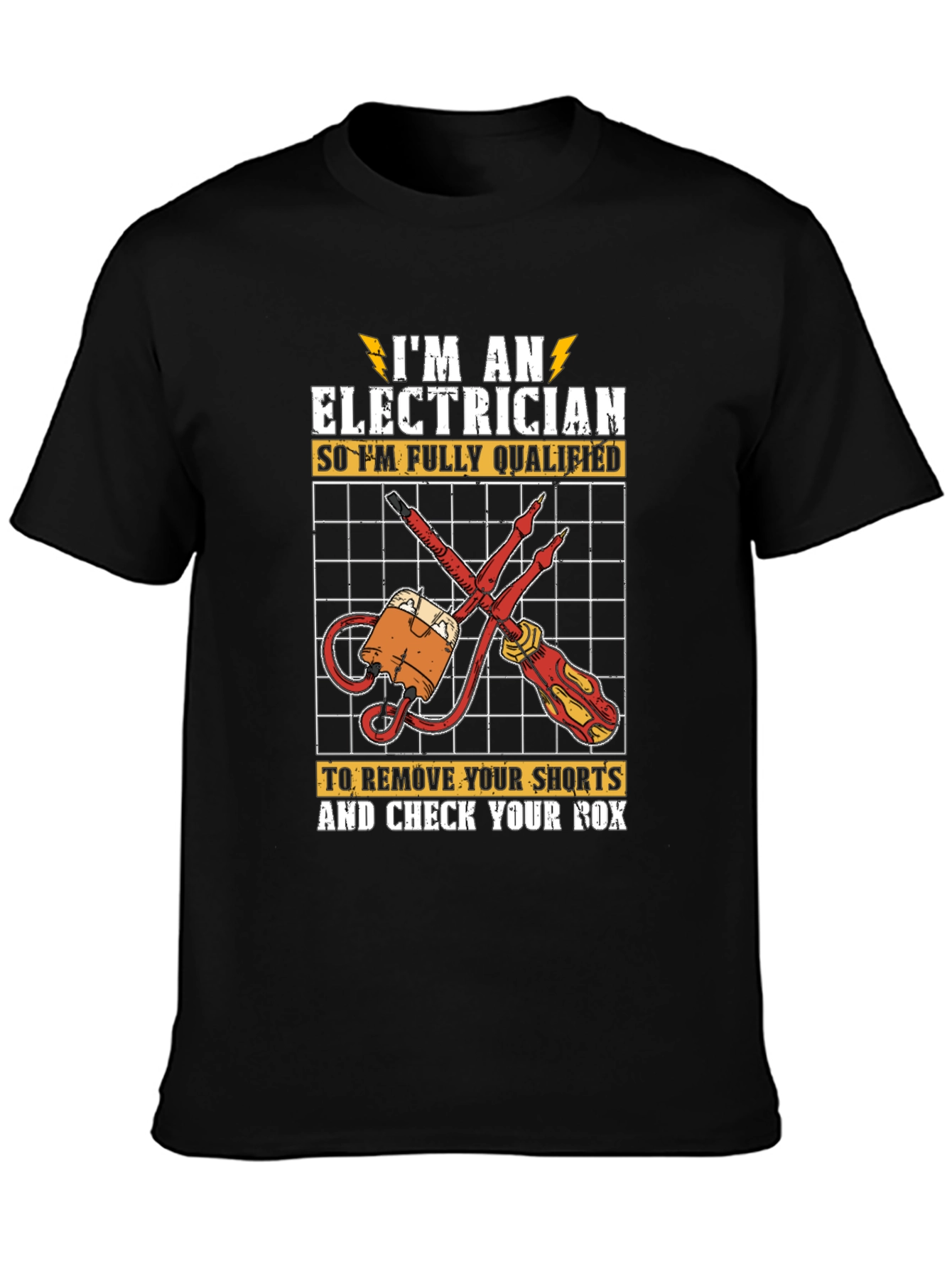Black Electrician Humor Graphic T-Shirt - Qualified to Check Your Box view 3