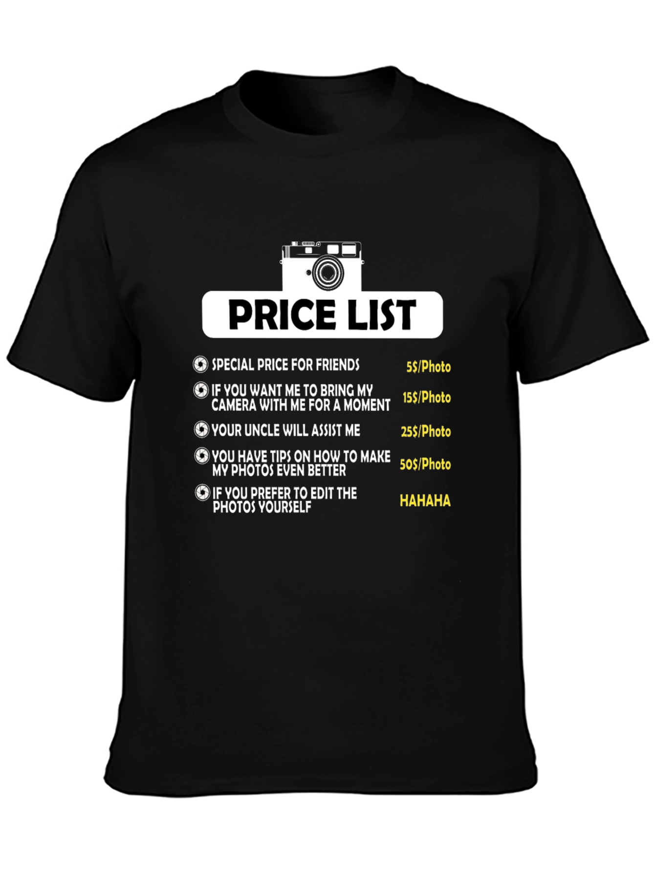 Black Funny Photographer Price List T-Shirt view 3