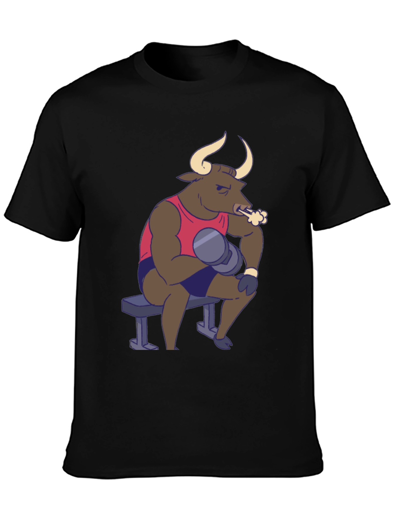 Black Funny Bull Lifting Weights T-Shirt view 3