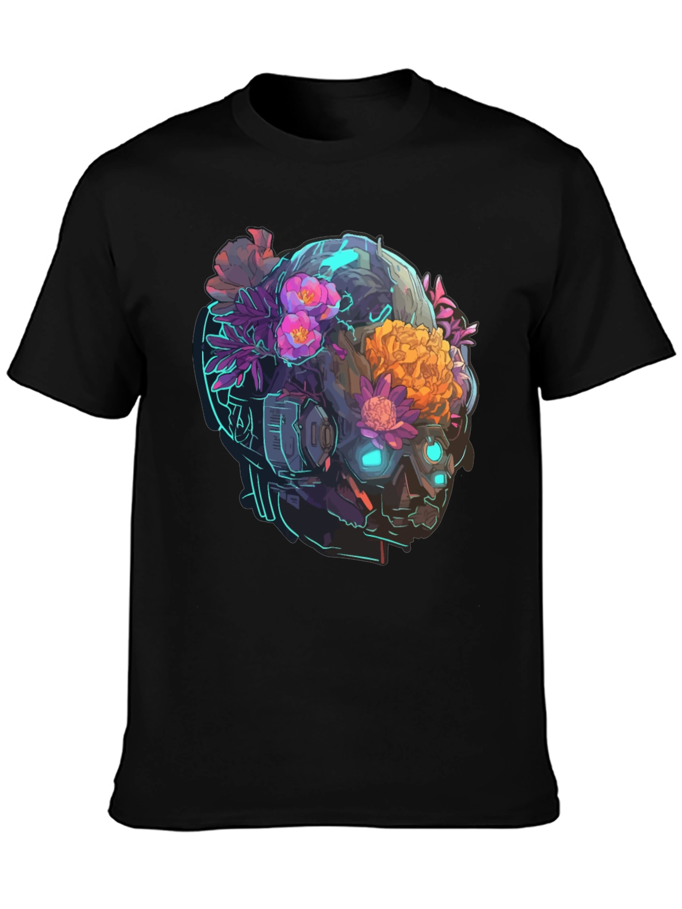Black Floral Cyberpunk Skull T-Shirt - Unique Graphic Tee view 3