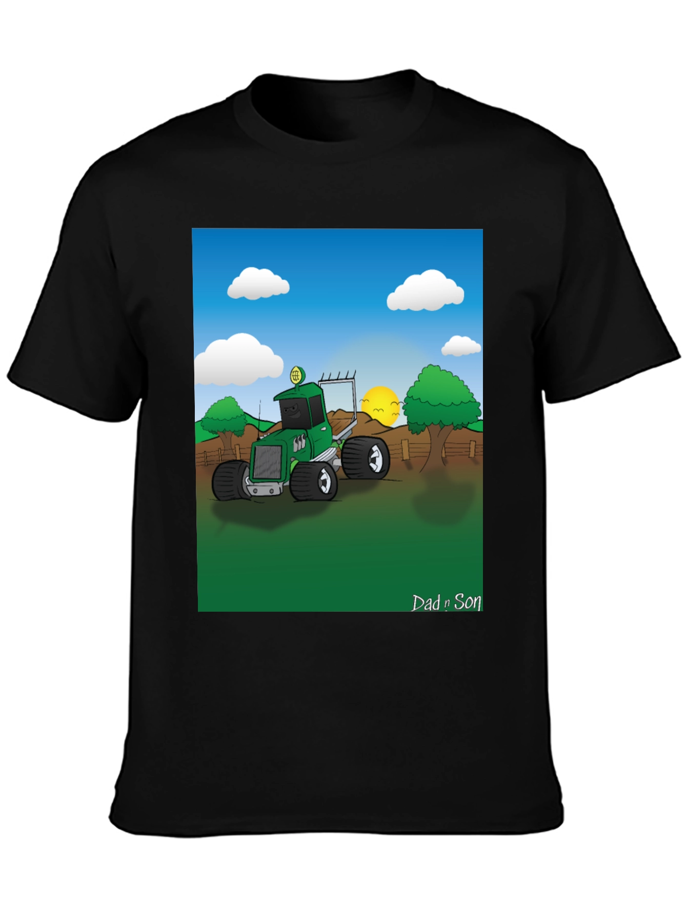 Black Dad n Son Cartoon Tractor Graphic T-Shirt view 3
